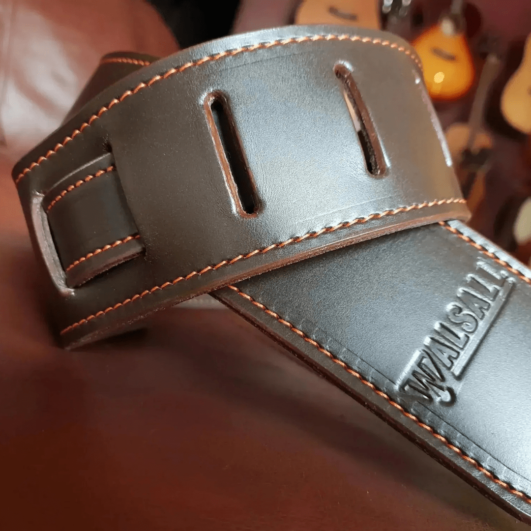 Walsal Hand Made Premium Padded Bridle Leather Guitar Strap: Brown Leather w' Orange Stitch - Richards Guitars Of Stratford Upon Avon