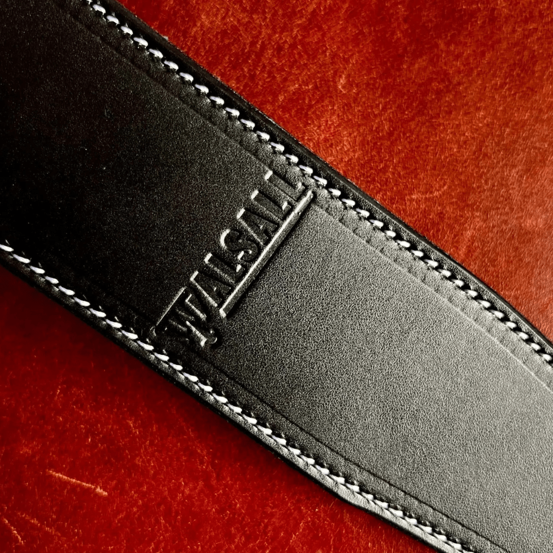 Walsall Hand Made Premium Padded Bridle Leather Guitar Strap: Coalface Black w' Ice White Stitch - Richards Guitars Of Stratford Upon Avon