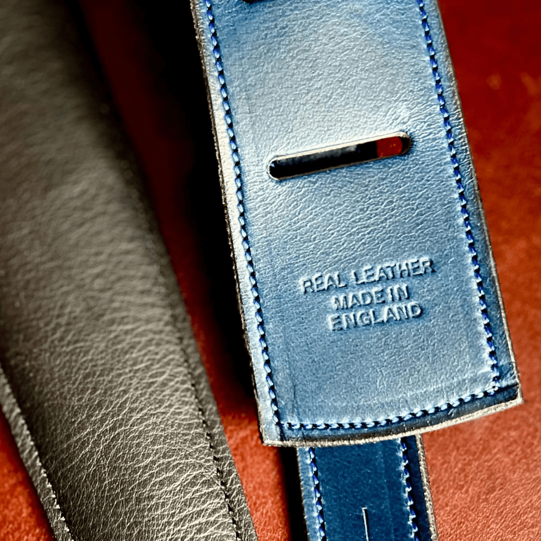 Walsall Hand Made Premium Padded Bridle Leather Guitar Strap: Deep Ocean Blue w' Blue Stitch - Richards Guitars Of Stratford Upon Avon