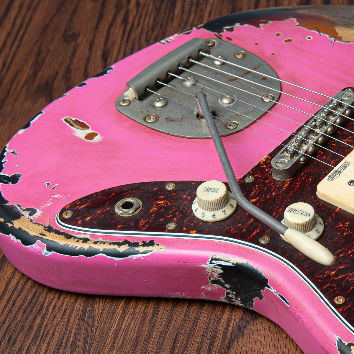 SOLD -  Vintage V65 ProShop Custom-Build ~ Heavy Distress ~ Bubblegum Pink Over Sunburst, Electric Guitars for sale at Richards Guitars.