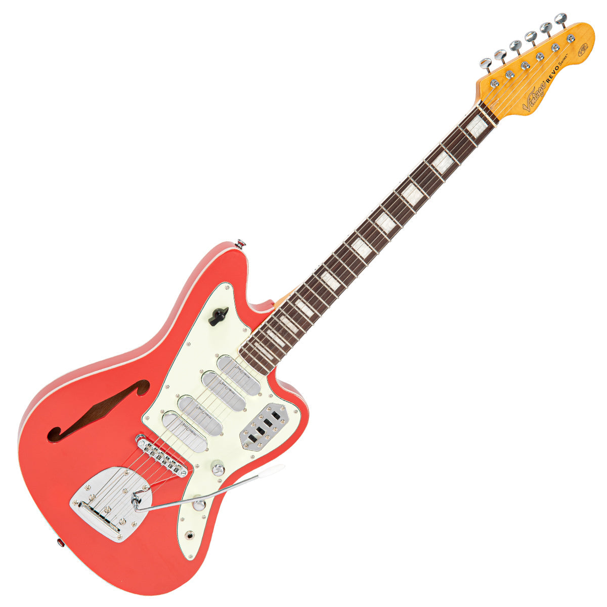 Vintage REVO Series 'Surfmaster Quad' Electric Guitar ~ Firenza Red, Electric Guitars for sale at Richards Guitars.