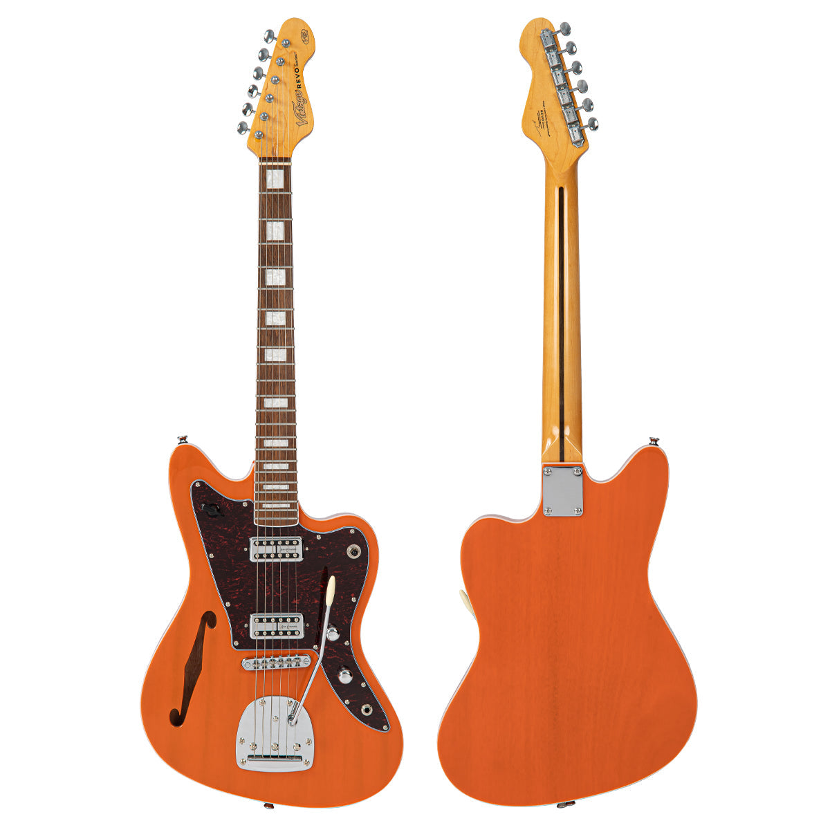 Vintage REVO Series 'Surfmaster' Thinline Twin Electric Guitar ~ Trans Orange, Electric Guitars for sale at Richards Guitars.