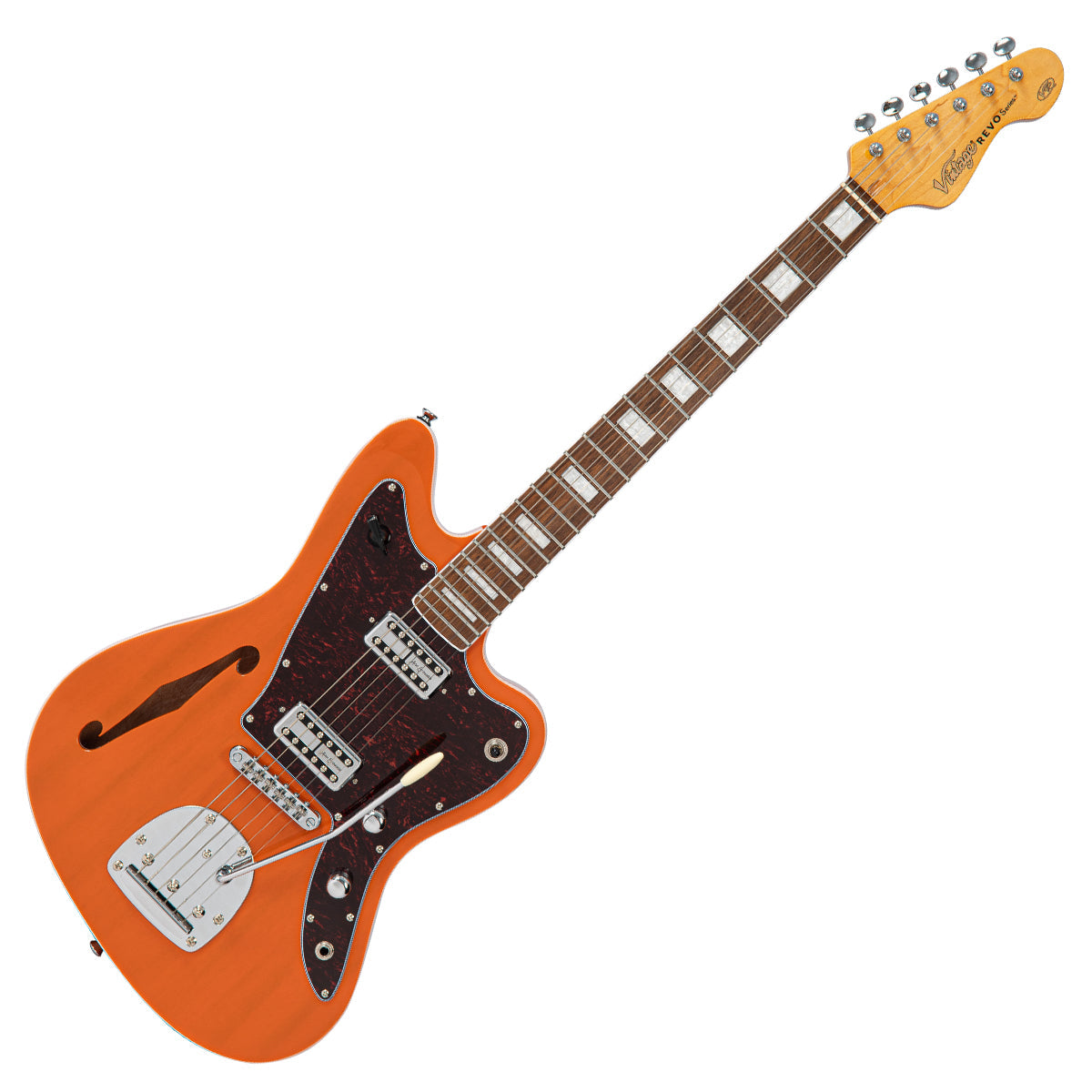 Vintage REVO Series 'Surfmaster' Thinline Twin Electric Guitar ~ Trans Orange, Electric Guitars for sale at Richards Guitars.