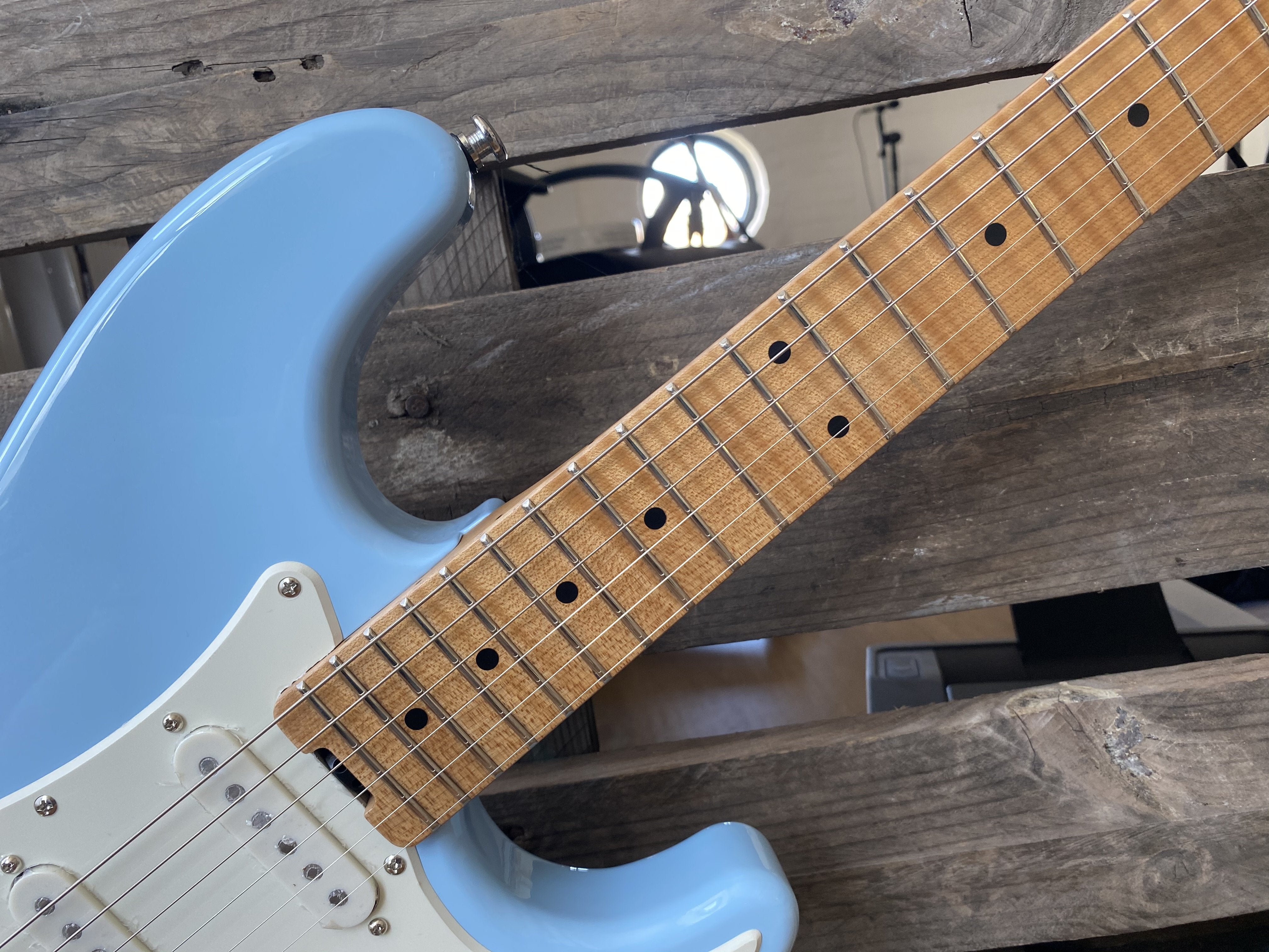 Gordon Smith Classic S Daphne Blue Rolled Flame Maple Neck Custom SN: 20254, Electric Guitar for sale at Richards Guitars.