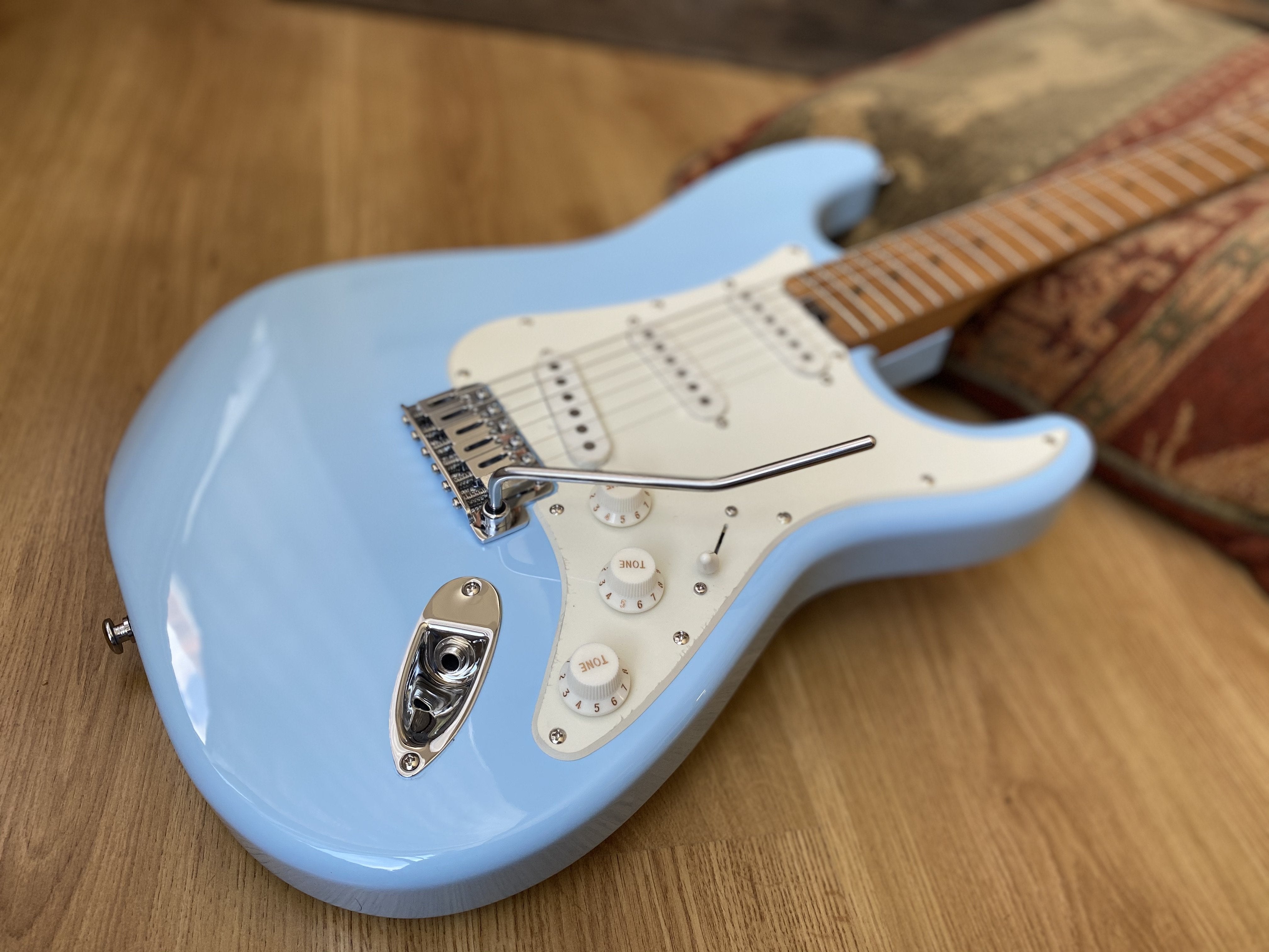 Gordon Smith Classic S Daphne Blue Rolled Flame Maple Neck Custom SN: 20254, Electric Guitar for sale at Richards Guitars.