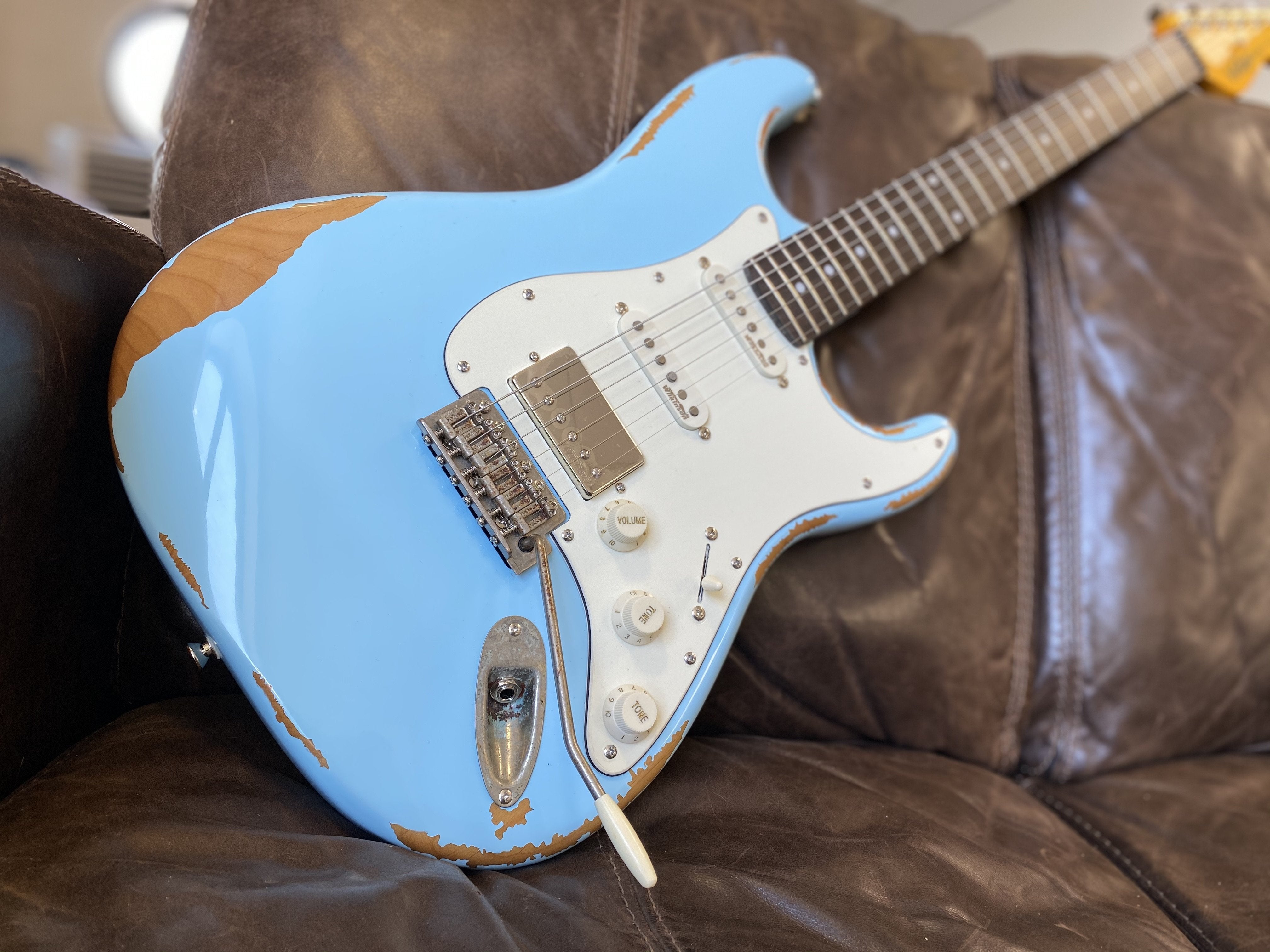 Vintage V6H ICON HSS Electric Guitar ~ Ultra-Gloss Distressed Laguna Blue, Electric Guitar for sale at Richards Guitars.