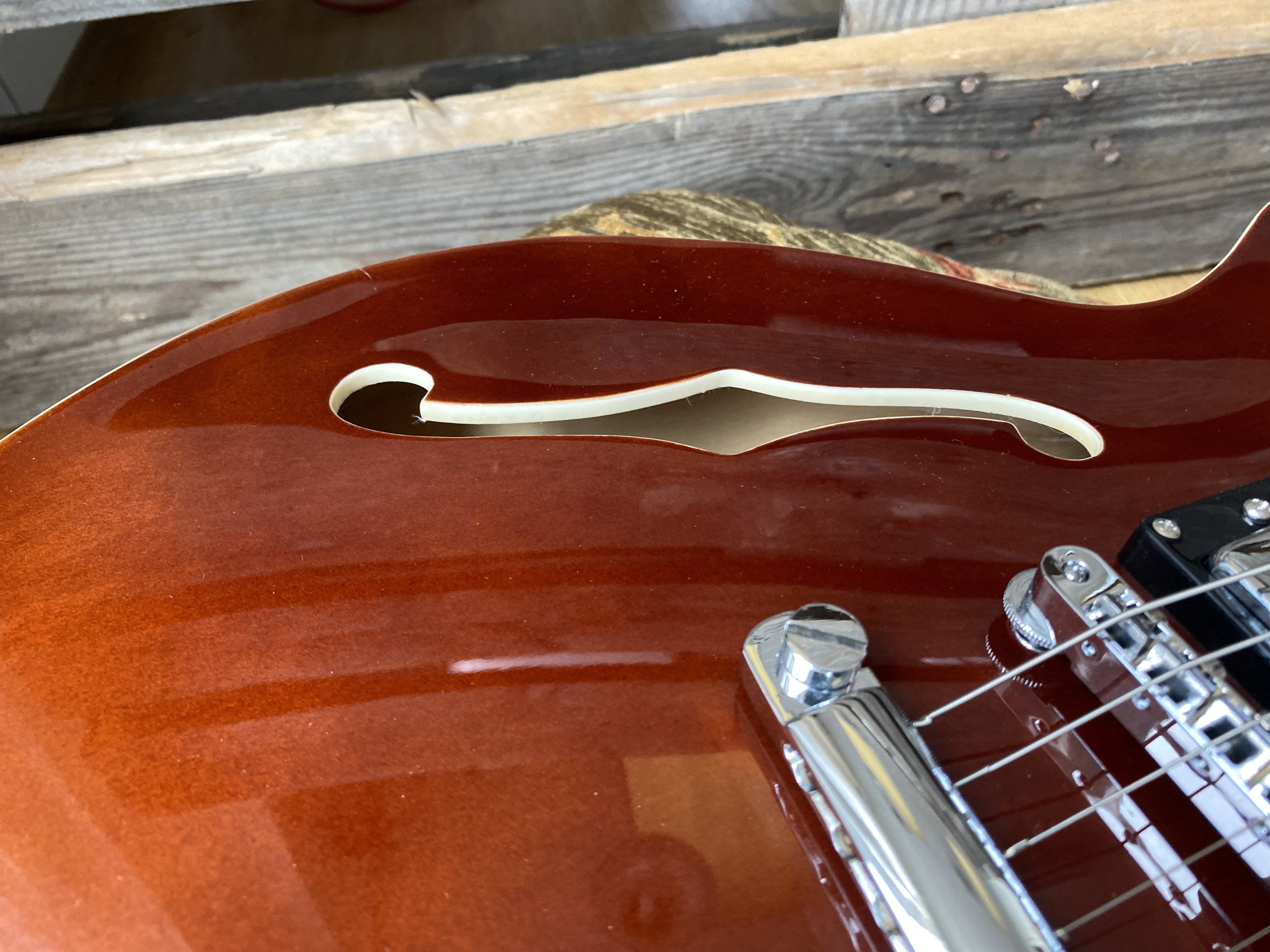 Vintage VSA500 ReIssued Semi Acoustic Guitar ~ Natural Walnut ~ Left Handed, Electric Guitar for sale at Richards Guitars.