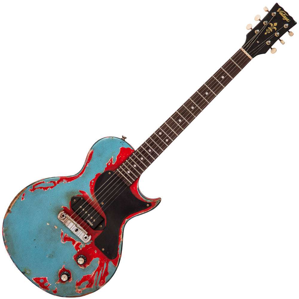 IN BUILD: - Vintage V120 ProShop Unique ~ Gun Hill Blue on Red, Electric Guitar for sale at Richards Guitars.