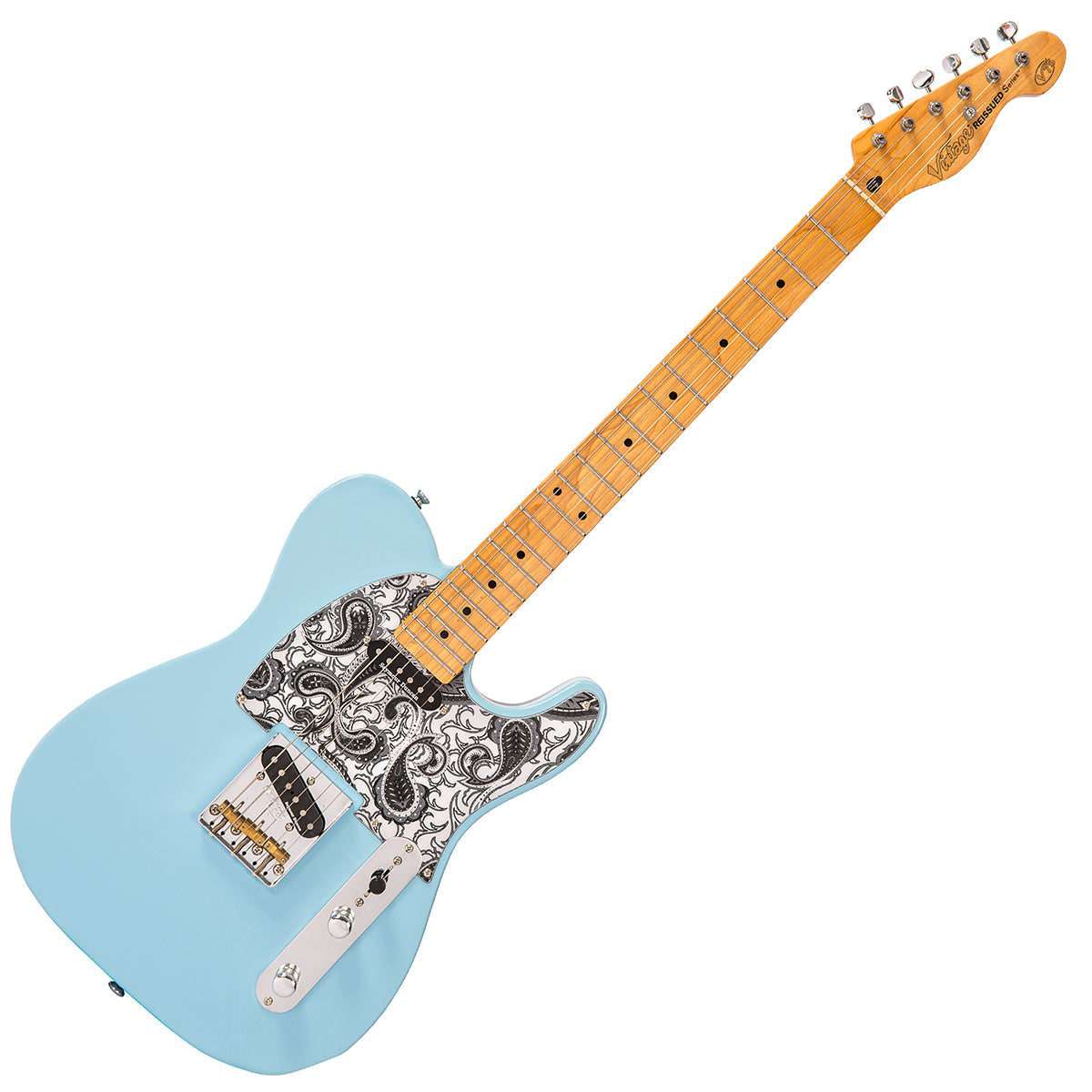 IN BUILD: - Vintage V75 ProShop Unique ~ Laguna Blue Paisley, Electric Guitar for sale at Richards Guitars.