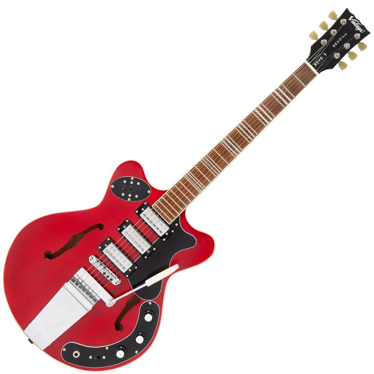 Vintage REVO Series 'Superthin' Electric Guitar ~ Cherry Red, Electric Guitar for sale at Richards Guitars.