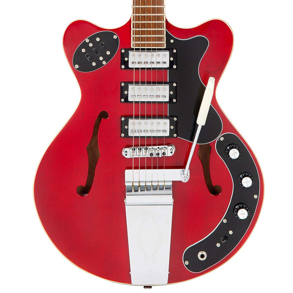 Vintage REVO Series 'Superthin' Electric Guitar ~ Cherry Red, Electric Guitar for sale at Richards Guitars.
