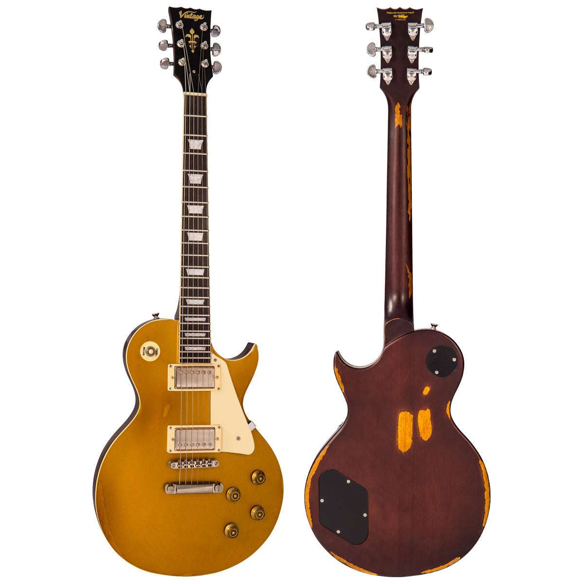 Vintage V100MRGT ICON Electric Guitar ~ Distressed HH Gold Top, Electric Guitar for sale at Richards Guitars.