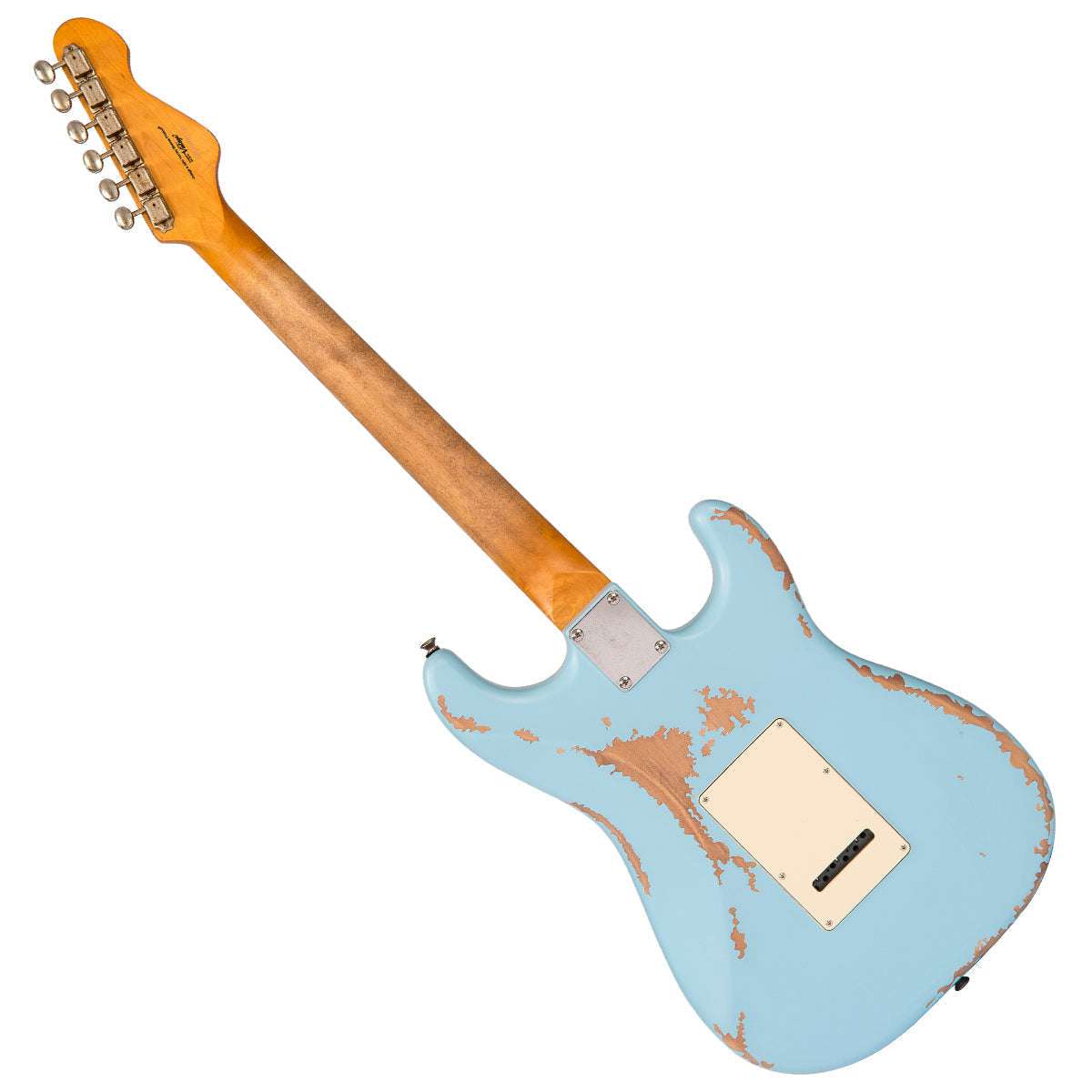 Vintage V6 ICON Electric Guitar ~ Left Hand Distressed Laguna Blue, E-Gitarre zum Verkauf bei Richards Guitars.