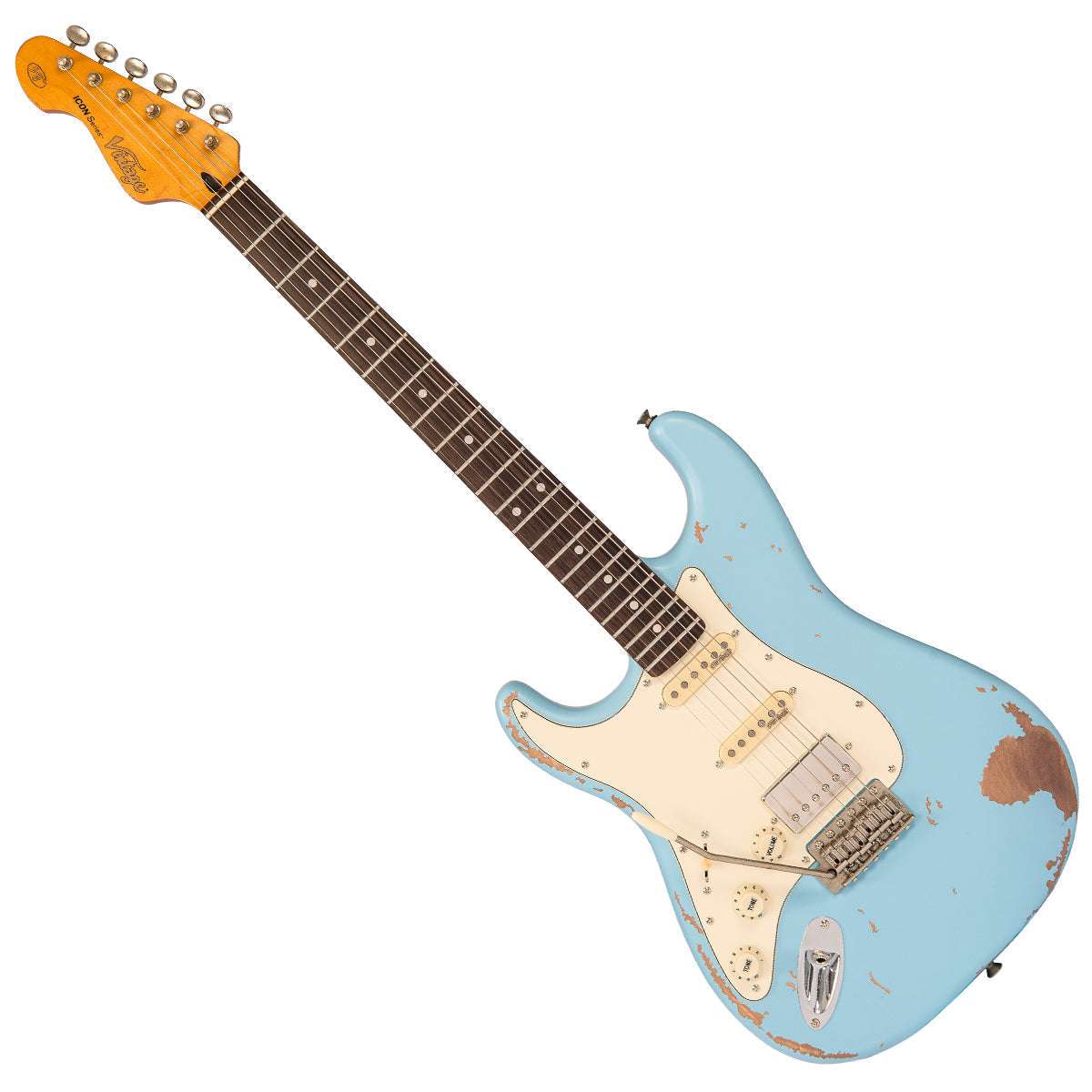 Vintage V6 ICON Electric Guitar ~ Left Hand Distressed Laguna Blue, E-Gitarre zum Verkauf bei Richards Guitars.