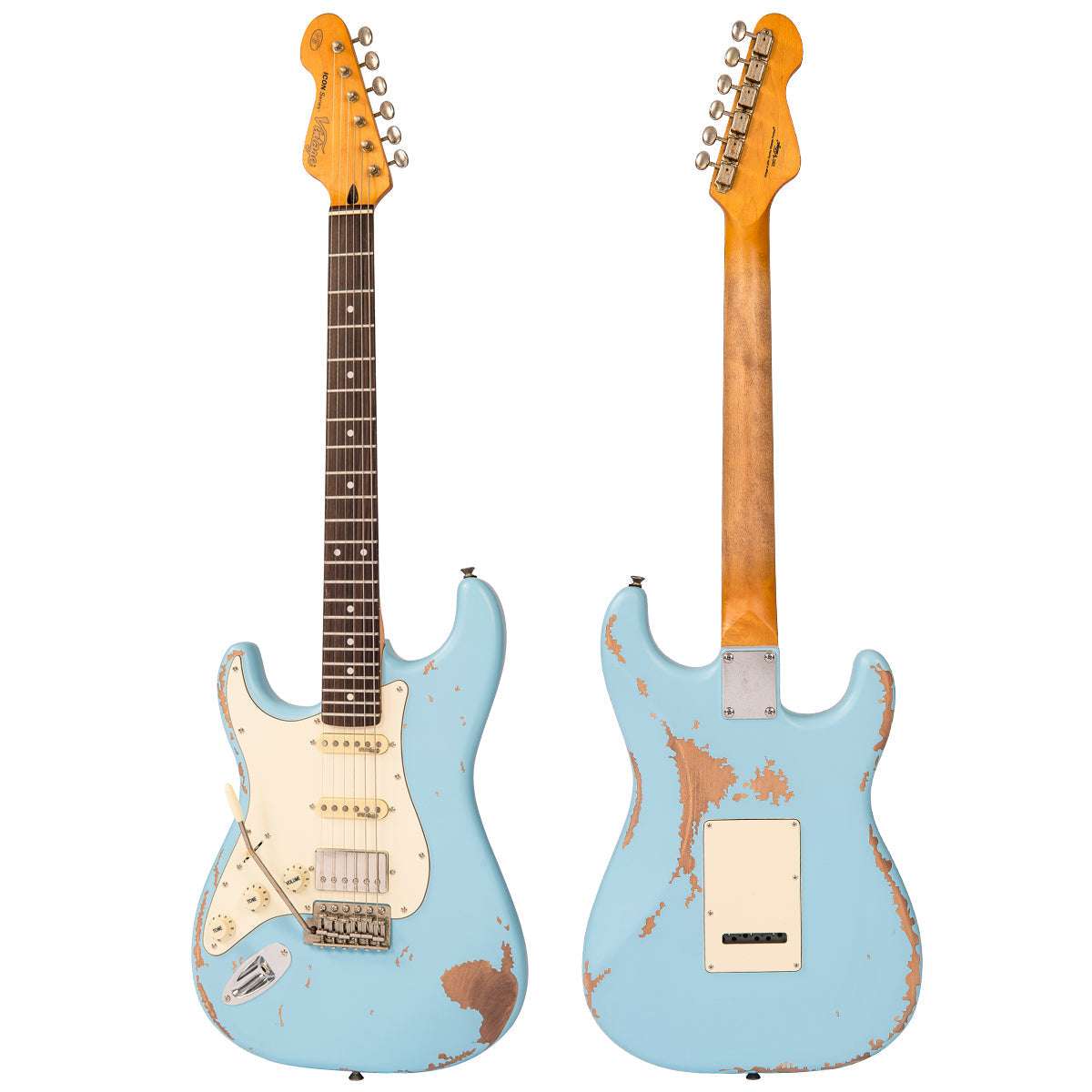 Vintage V6 ICON Electric Guitar ~ Left Hand Distressed Laguna Blue, E-Gitarre zum Verkauf bei Richards Guitars.