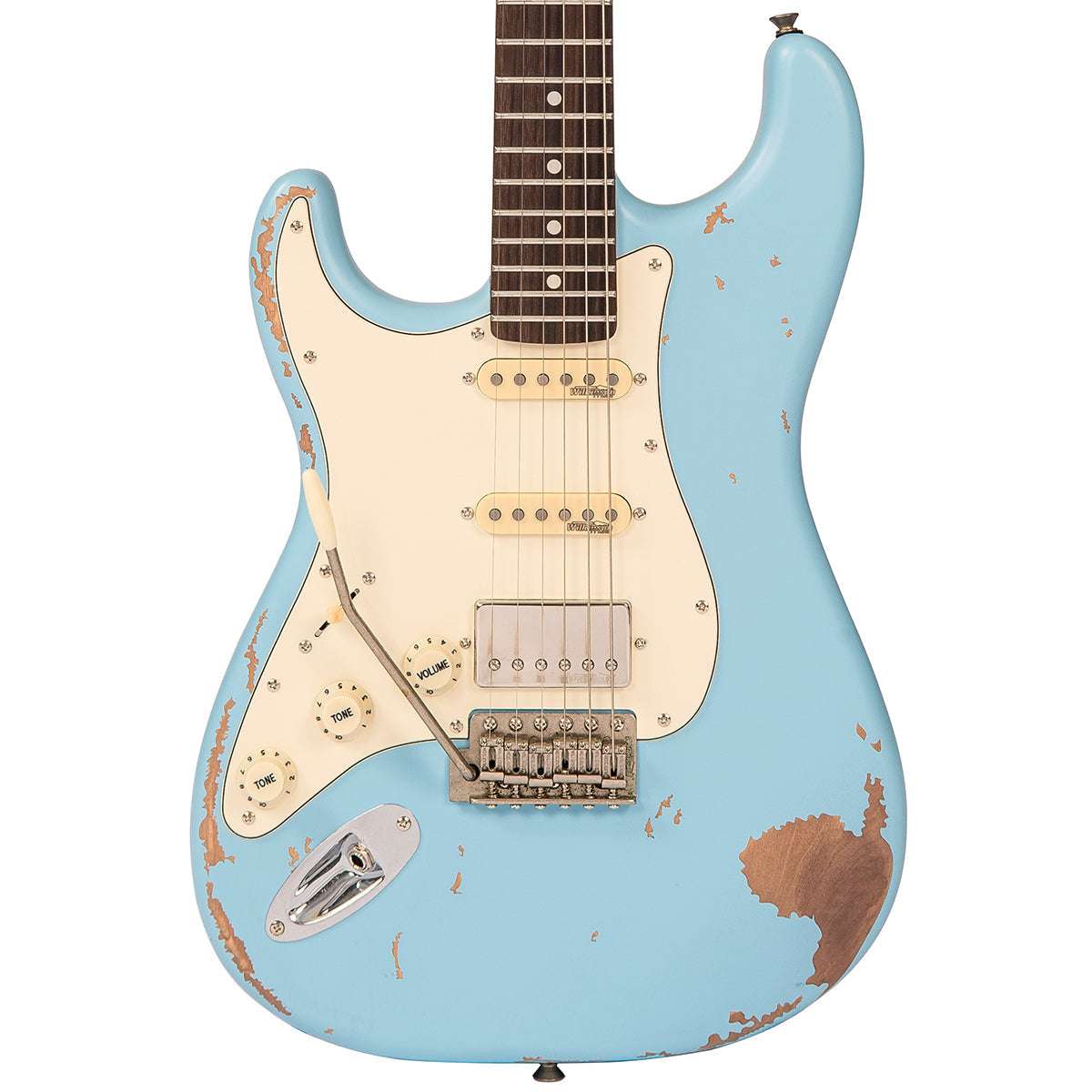 Vintage V6 ICON Electric Guitar ~ Left Hand Distressed Laguna Blue, E-Gitarre zum Verkauf bei Richards Guitars.