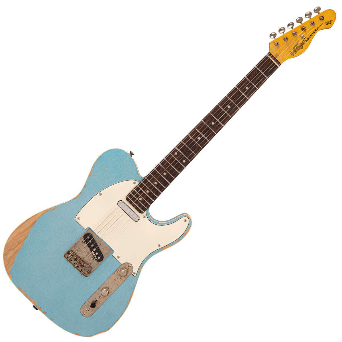 Vintage V66 Paul Rose Signature Electric Guitar ~ Distressed Gun Hill Blue, E-Gitarre zu verkaufen bei Richards Guitars.