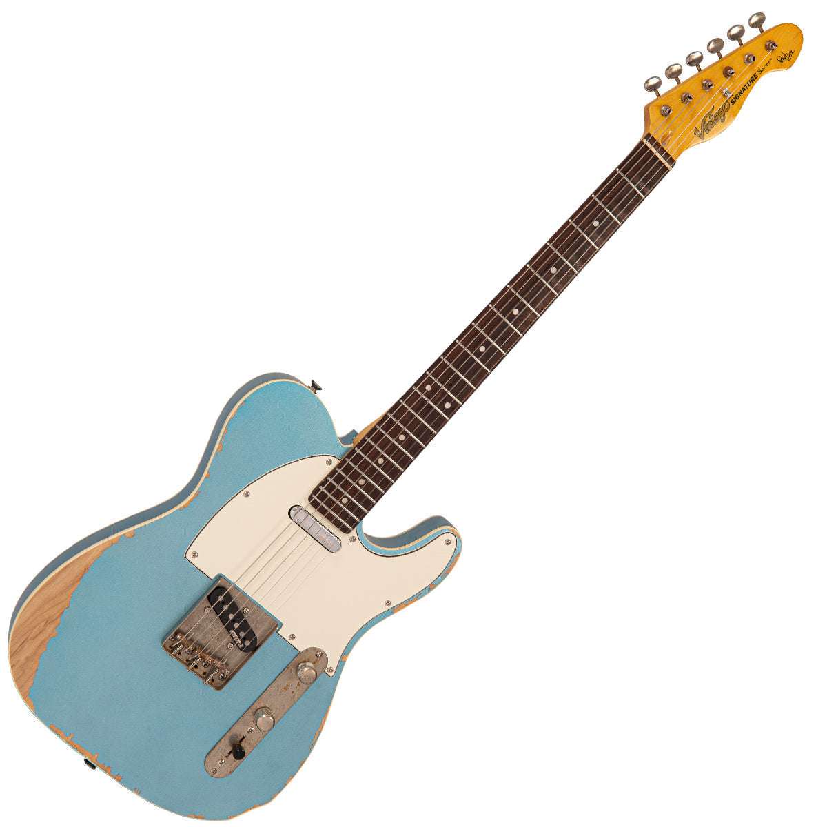 Vintage V66 Paul Rose Signature Electric Guitar ~ Distressed Gun Hill Blue, E-Gitarre zu verkaufen bei Richards Guitars.