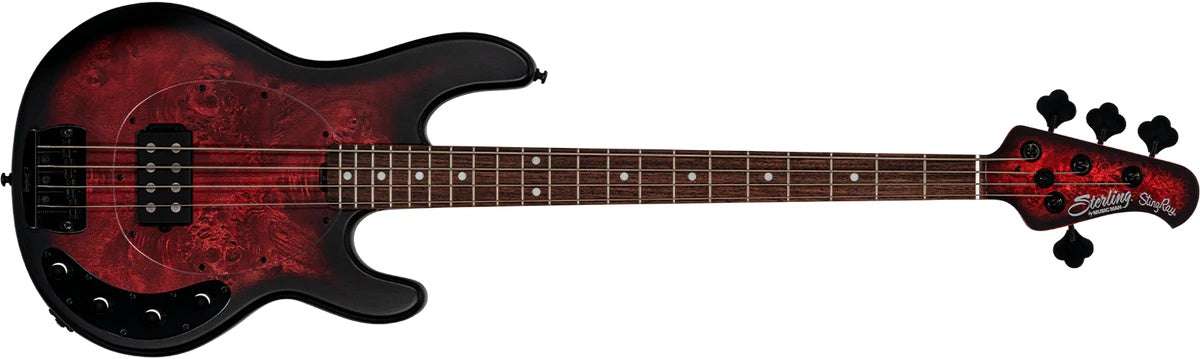 Sterling By Musicman SBMM SRAY 4 POPLAR BURL DARK SCARLET BRST SATIN RN - Richards Guitars Of Stratford Upon Avon