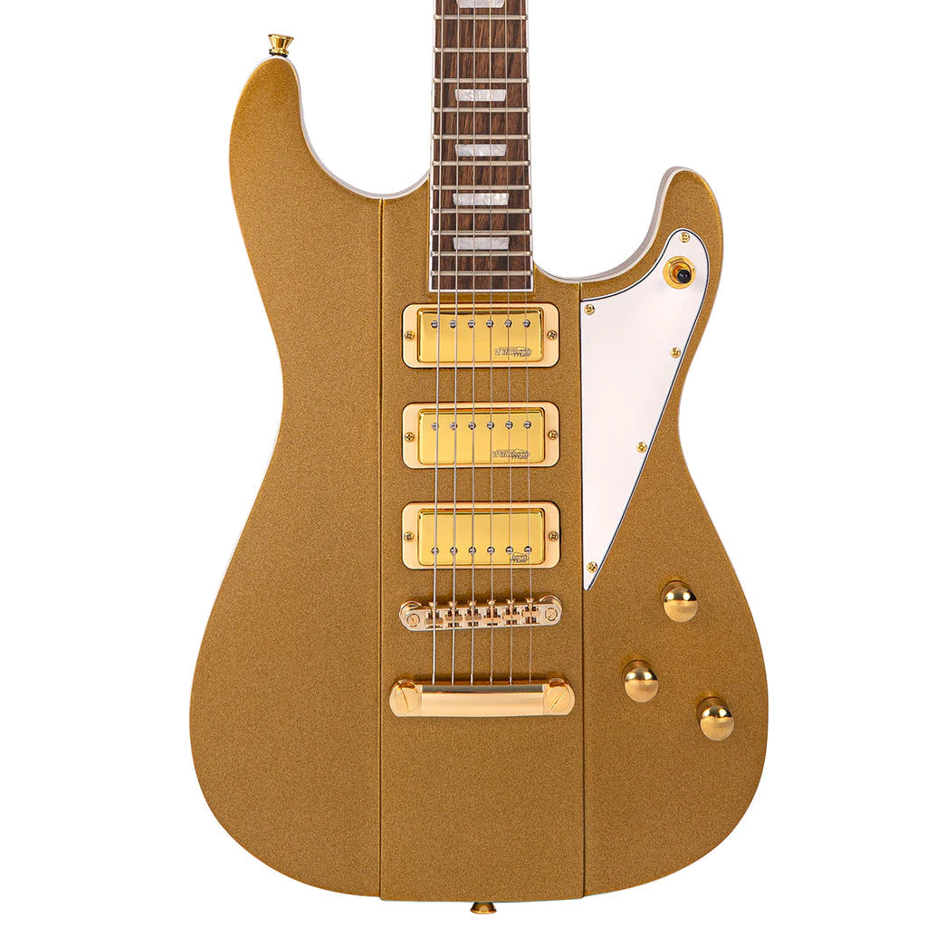 Guitarra Eléctrica Joe Doe 'Gas Jockey' de Vintage ~ Sparkling Gold Sand con Estuche, Guitarra Eléctrica en venta en Richards Guitars.
