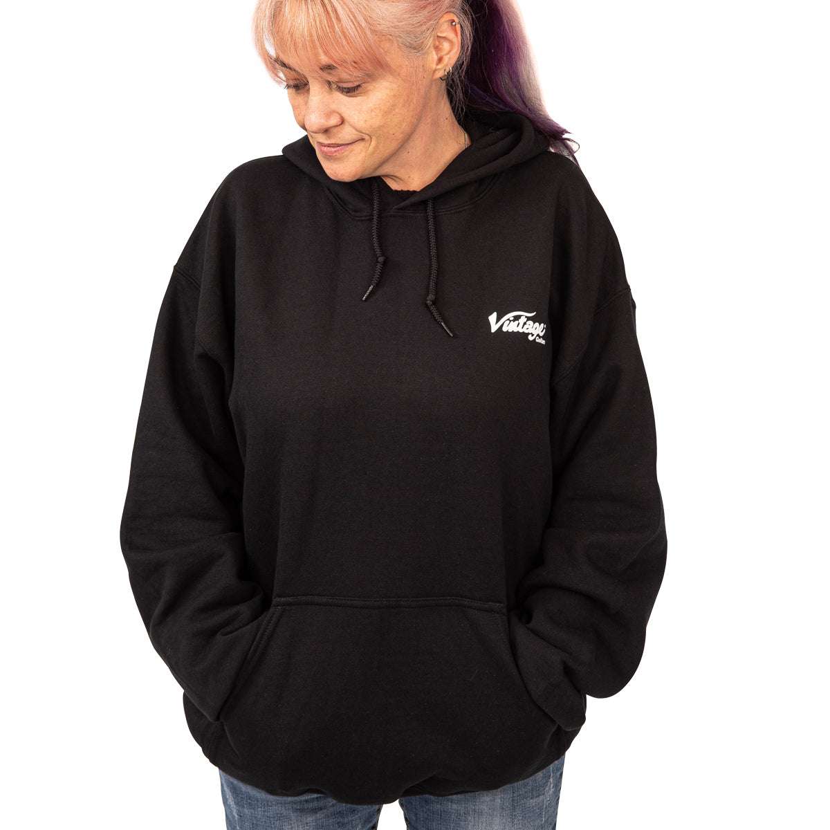 Vintage Negro sudadera con capucha de lana, Extra Grande (Vamos a cambiar a la talla correcta Post Compra), Mercancía a la venta en Richards Guitars.