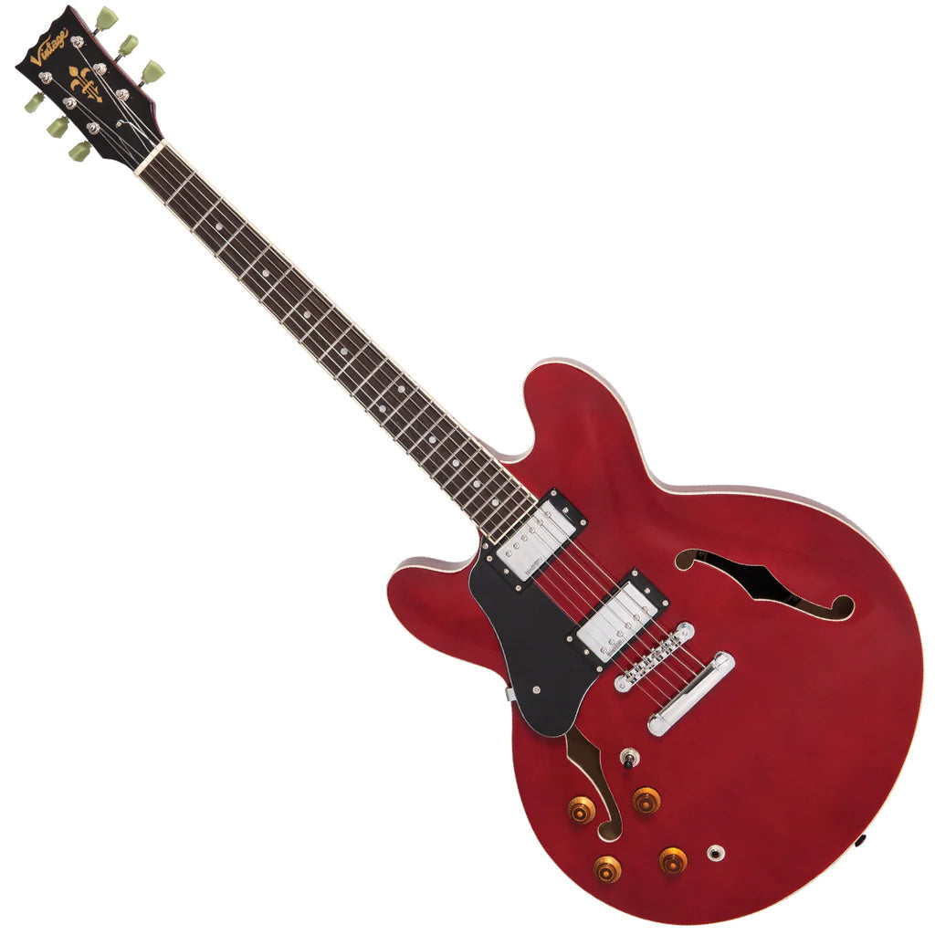 Vintage LVSA500CR ReIssued Semi Acoustic Guitar ~ Cherry Red Left Handed, Guitarra eléctrica en venta en Richards Guitars.