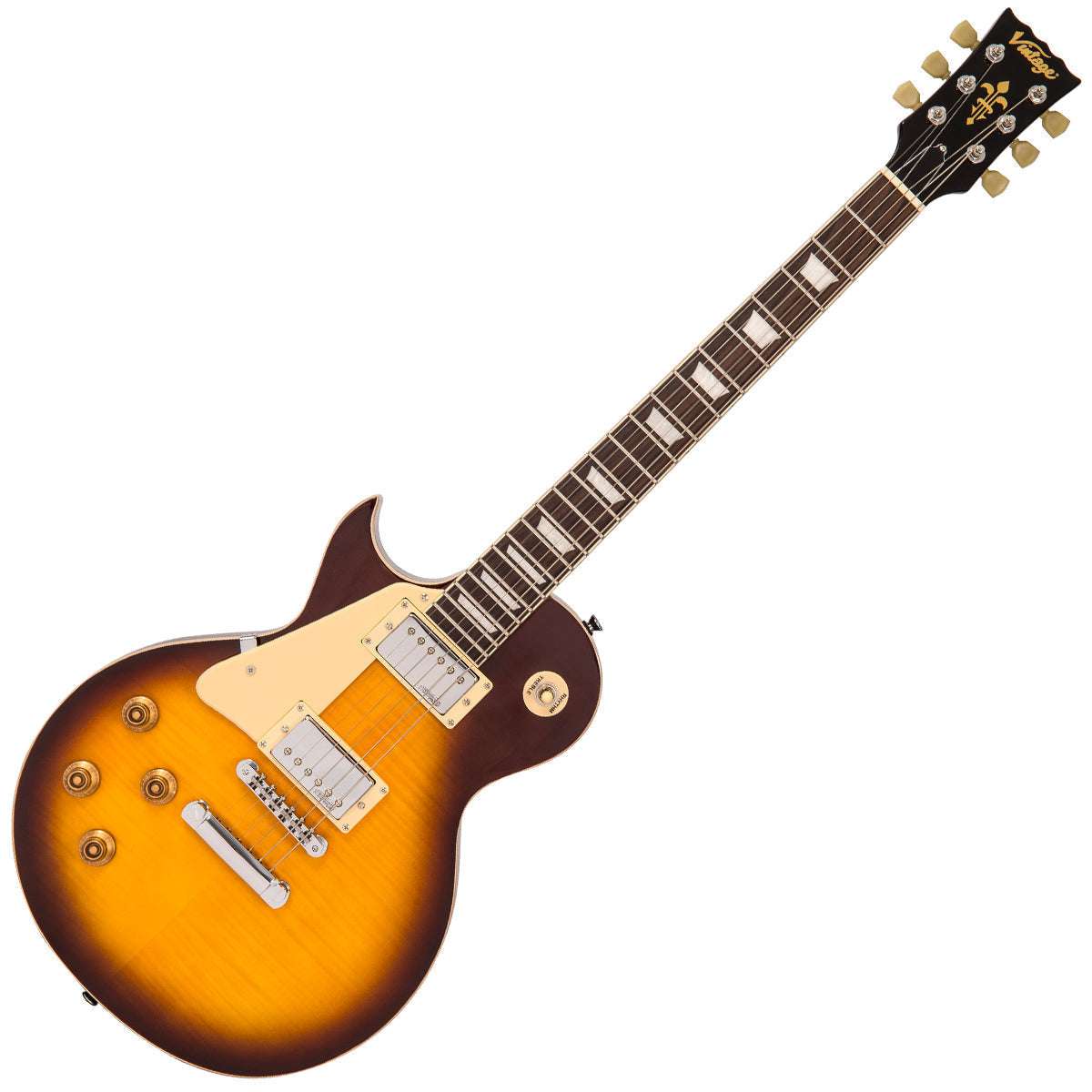 Vintage LV100IT Reeditado Guitarra Eléctrica ~ Mano Izquierda Flamed Ice Tea, Guitarra Eléctrica en venta en Richards Guitars.