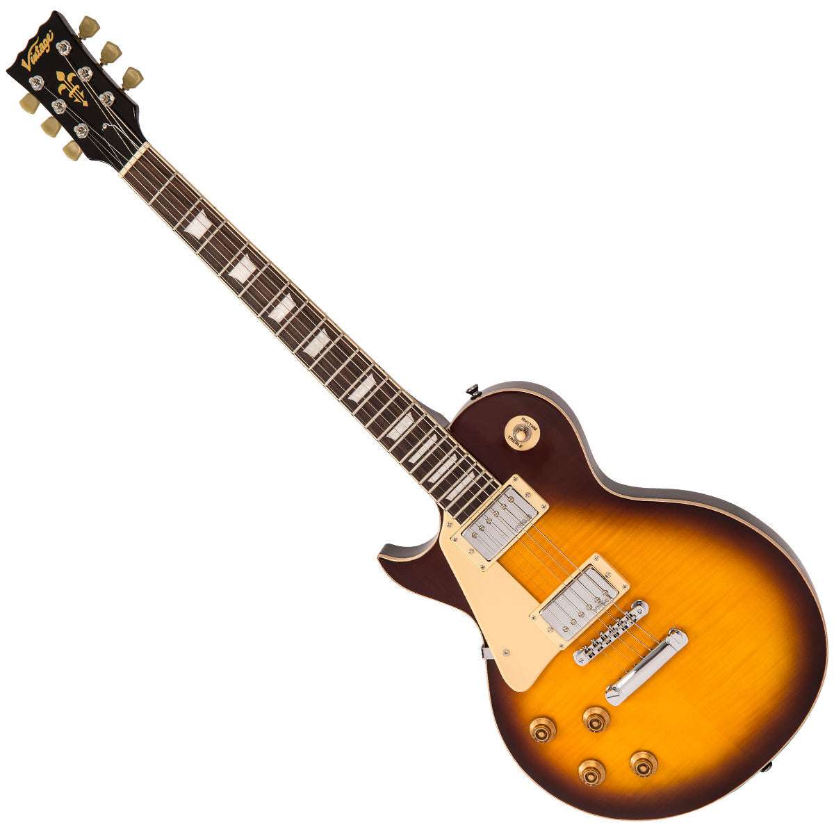 Vintage LV100IT Reeditado Guitarra Eléctrica ~ Mano Izquierda Flamed Ice Tea, Guitarra Eléctrica en venta en Richards Guitars.