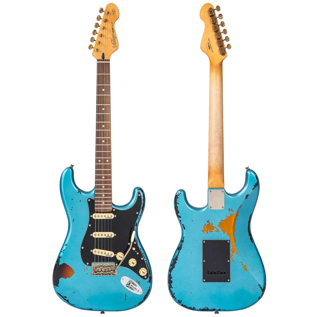 Vintage V6 ICON Guitarra Eléctrica ~ Distressed Gun Hill Blue Over Sunburst, a la venta en Richards Guitars.