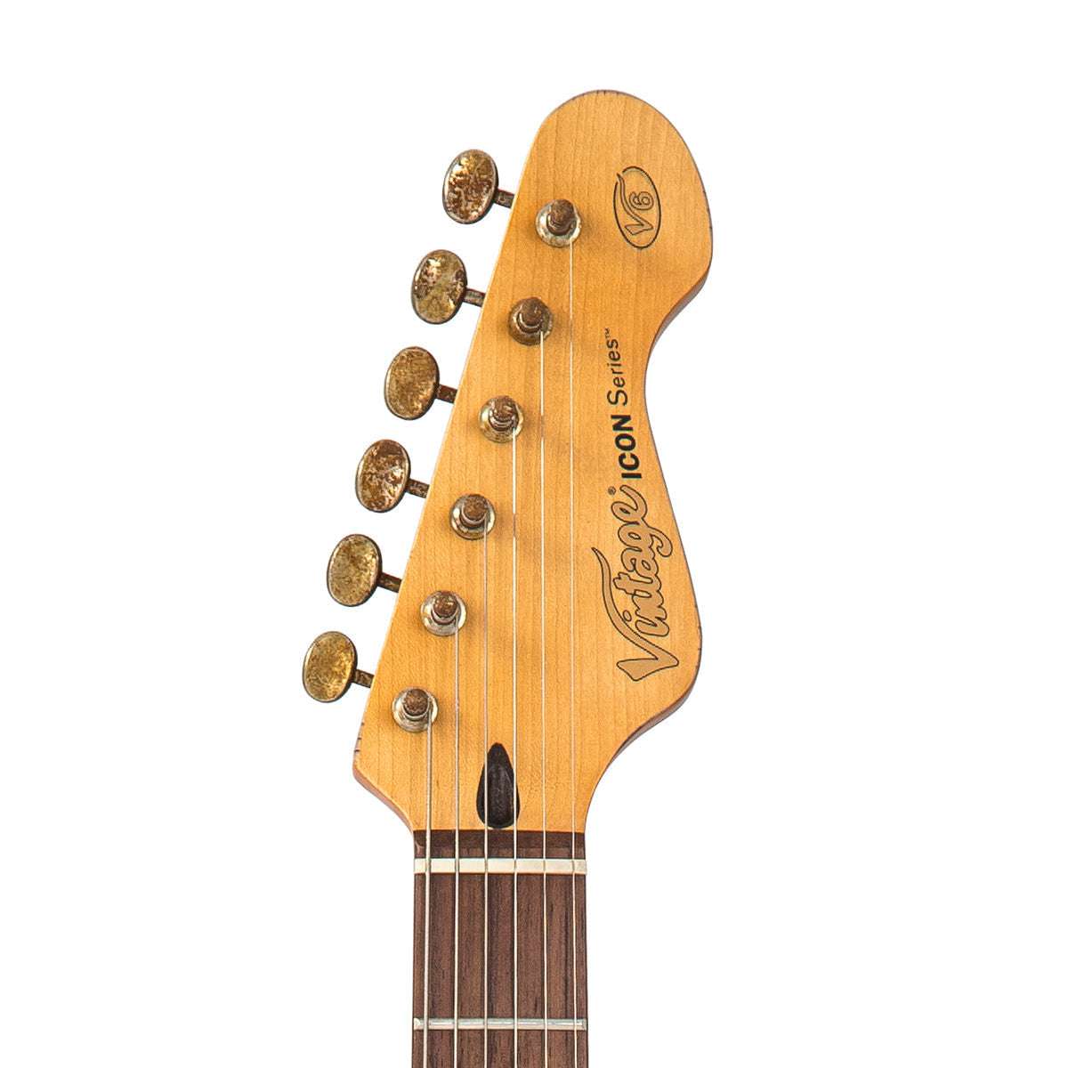 Vintage V6 ICON Guitarra Eléctrica ~ Distressed Gun Hill Blue Over Sunburst, a la venta en Richards Guitars.