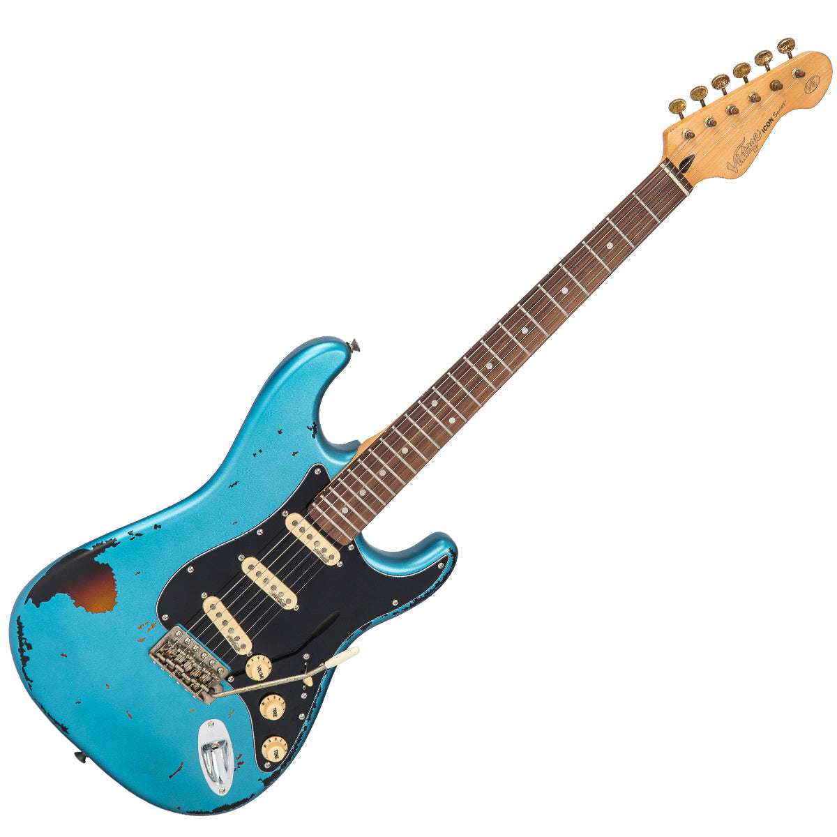 Vintage V6 ICON Guitarra Eléctrica ~ Distressed Gun Hill Blue Over Sunburst, a la venta en Richards Guitars.