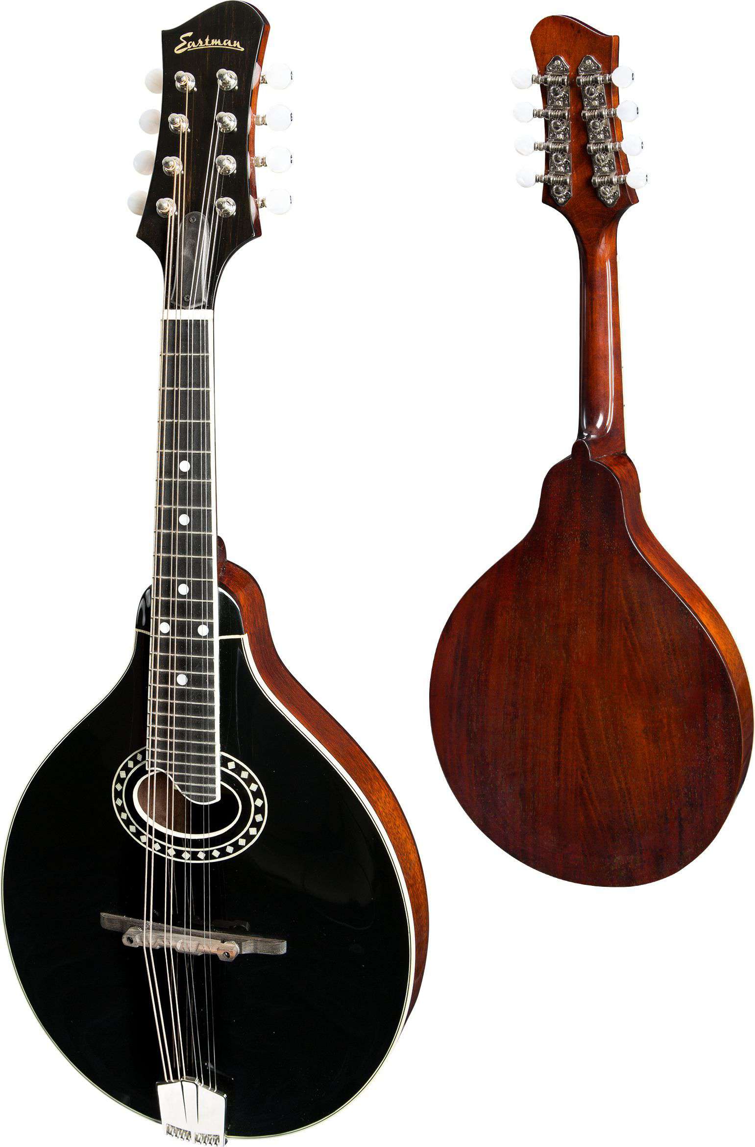 Eastman MD404-BK Black A-style Mandolin (oval hole, Solid Spruce top, Solid Mahogany back and sides, Black top, w/Case) (Price inc. Custom Pro Setup Package), Mandolina en venta en Richards Guitars.