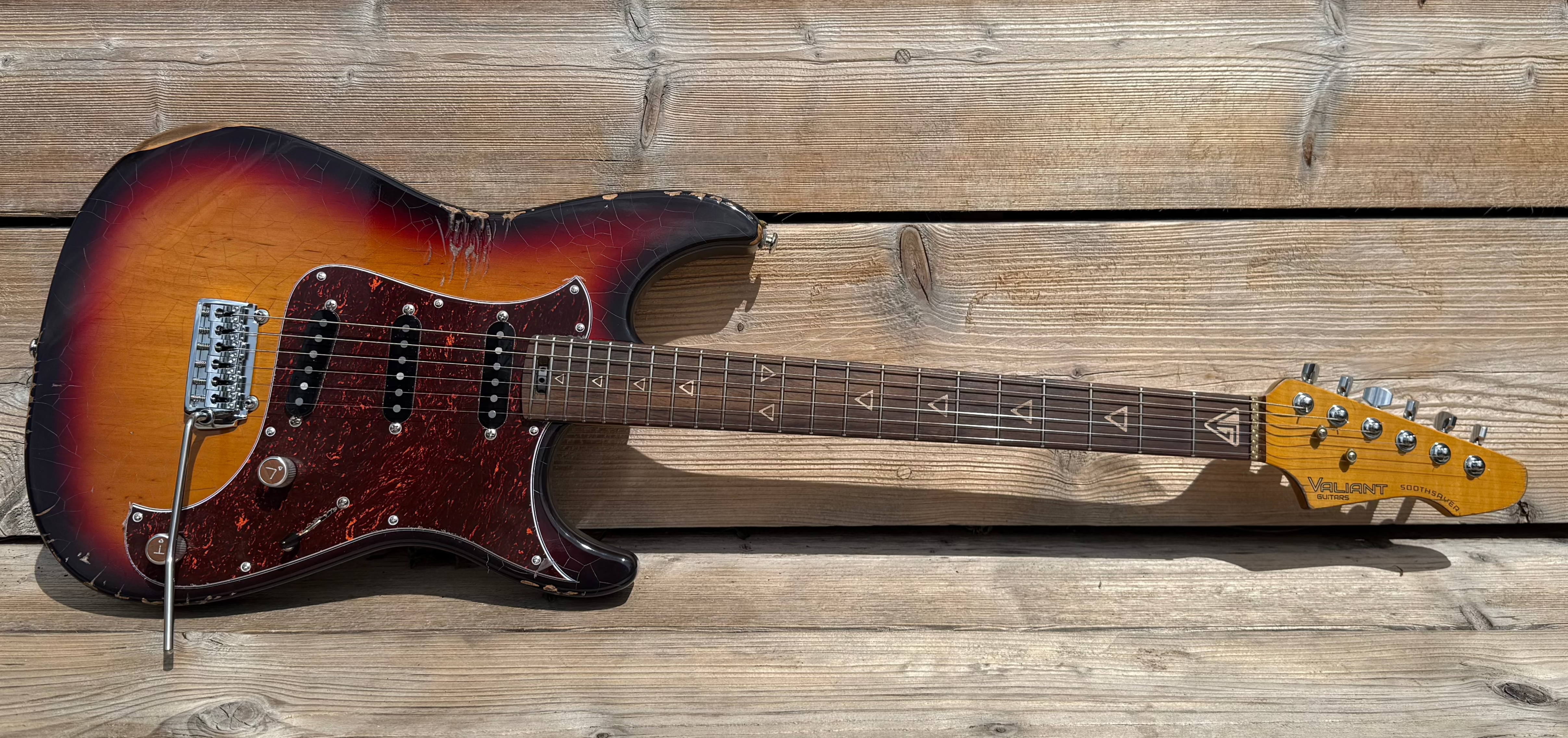 Valiant Soothsayer Distressed Vintage Burst W' Stainless Steel Fret Upgrade, Electric Guitar for sale at Richards Guitars.