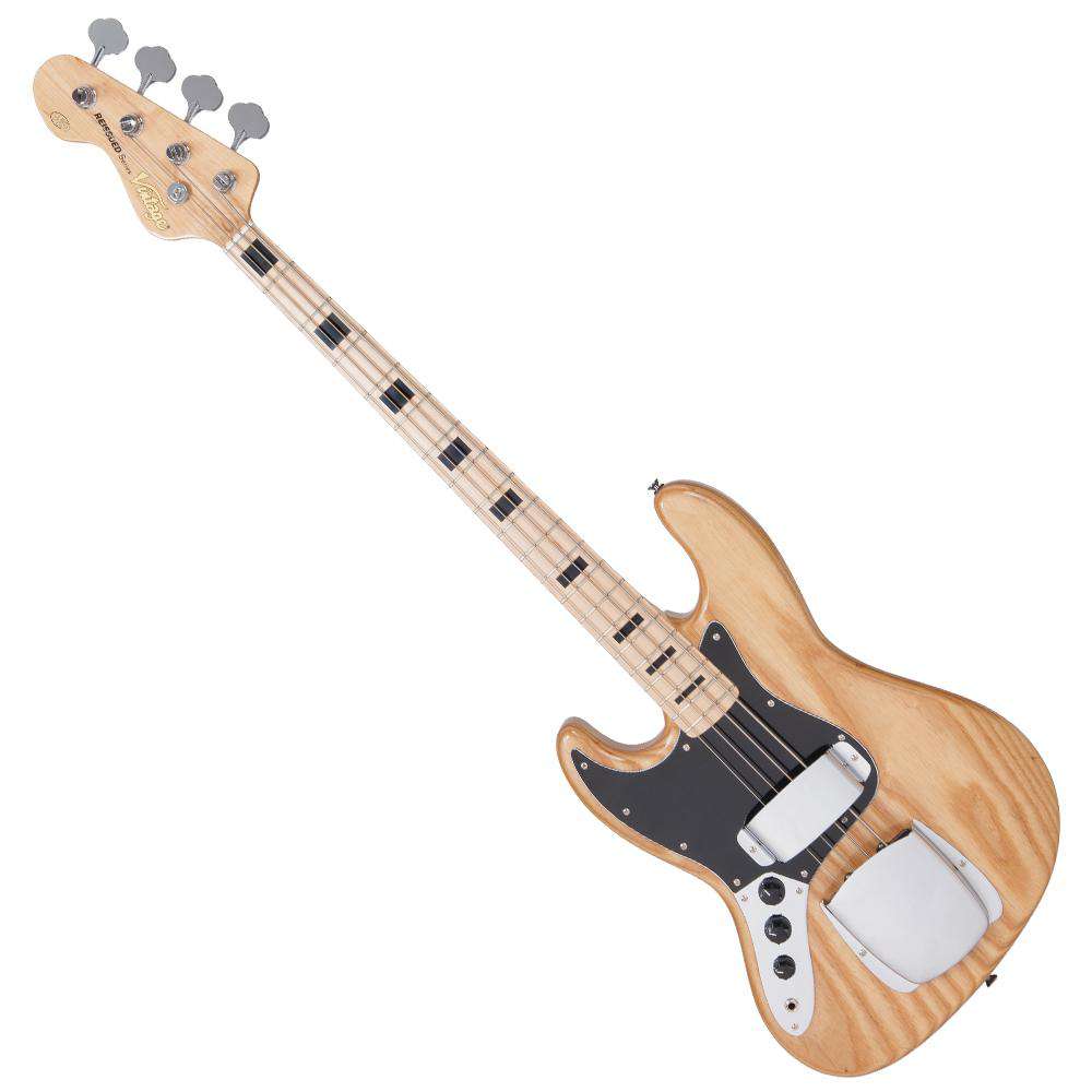 Vintage VJ74 Reissued Maple Fingerboard Bass ~ Natural Ash ~ Left Hand, Guitare basse à vendre chez Richards Guitars.