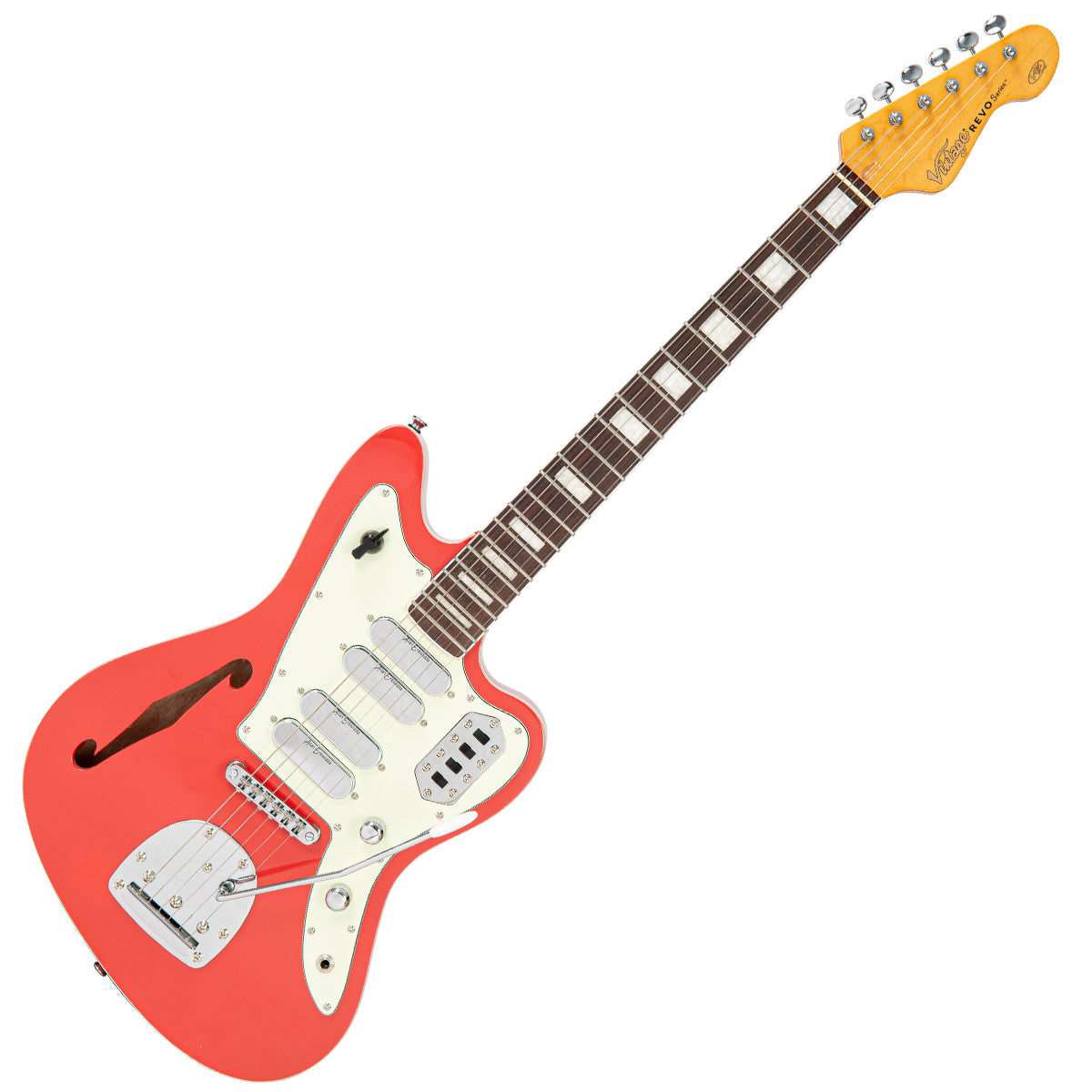 Vintage REVO Series 'Surfmaster Quad' Electric Guitar ~ Firenza Red, Guitare électrique en vente chez Richards Guitars.