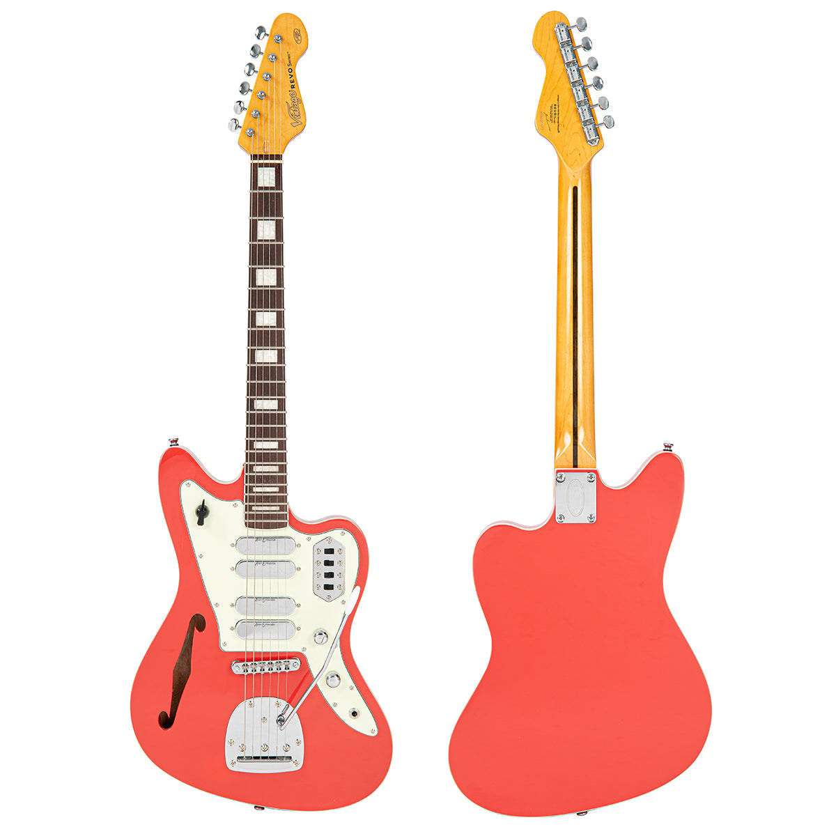 Vintage REVO Series 'Surfmaster Quad' Electric Guitar ~ Firenza Red, Guitare électrique en vente chez Richards Guitars.