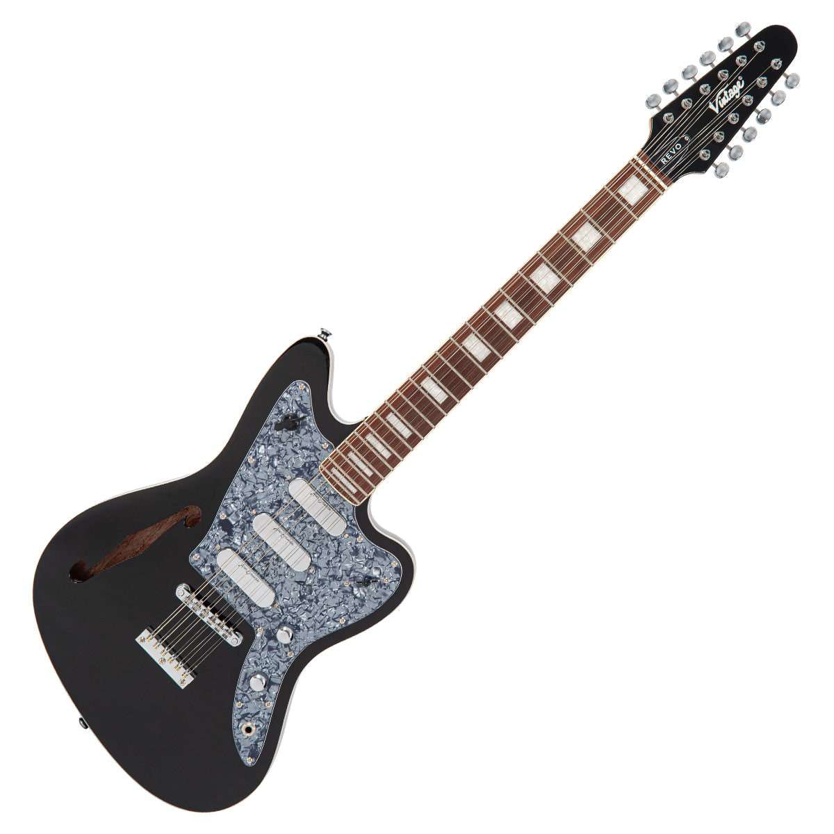 Vintage REVO Series 'Surfmaster Thinline 12' Electric Guitar ~ Boulevard Black, Guitare électrique en vente chez Richards Guitars.