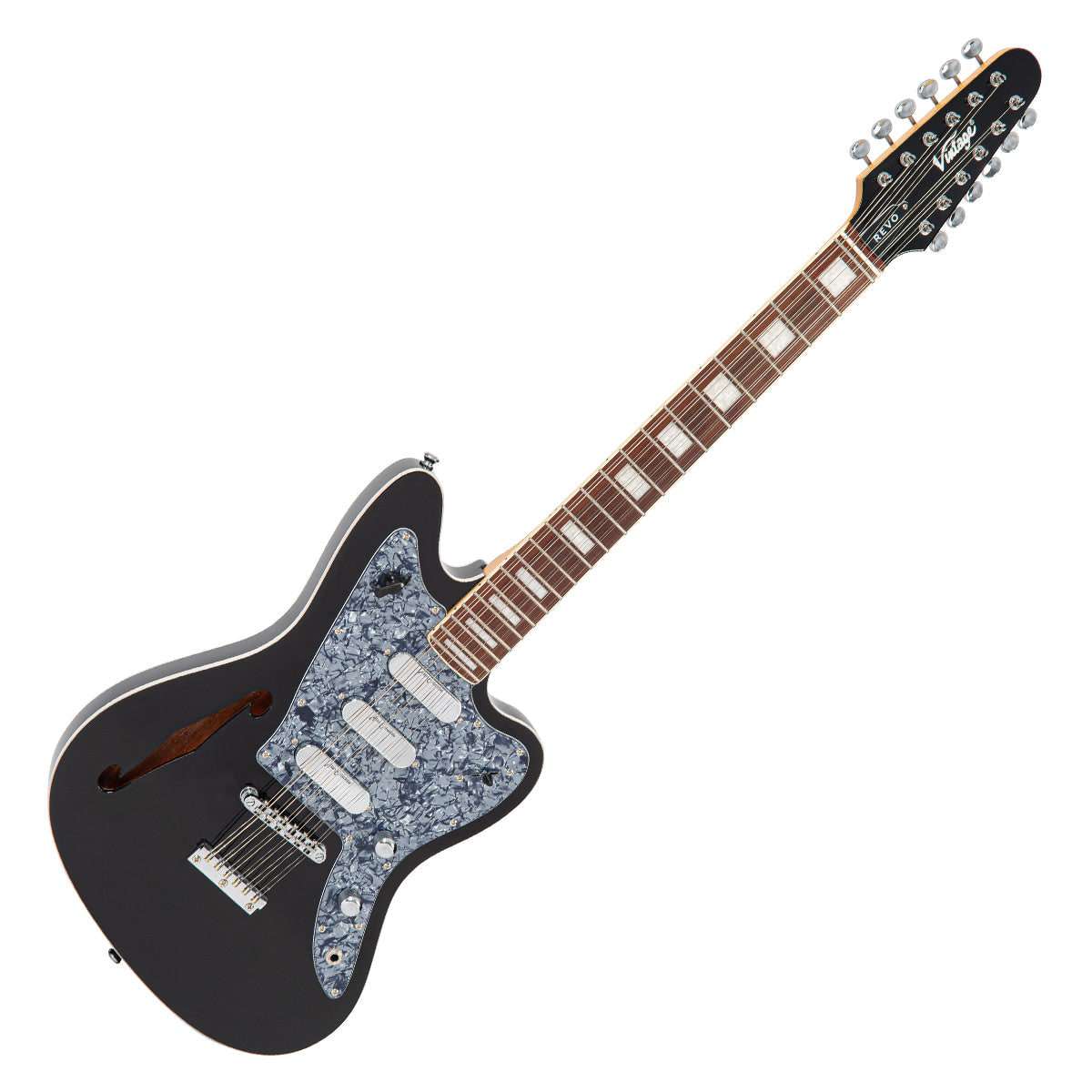 Vintage REVO Series 'Surfmaster Thinline 12' Electric Guitar ~ Boulevard Black, Guitare électrique en vente chez Richards Guitars.