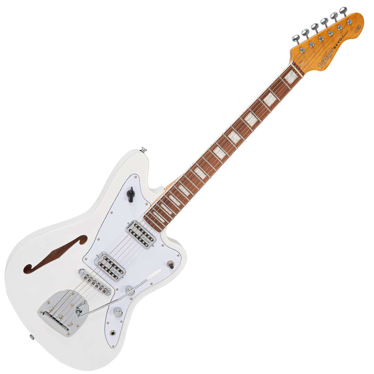 Vintage REVO Series 'Surfmaster Thinline' Twin Electric Guitar ~ Arctic White, Guitare électrique en vente chez Richards Guitars.