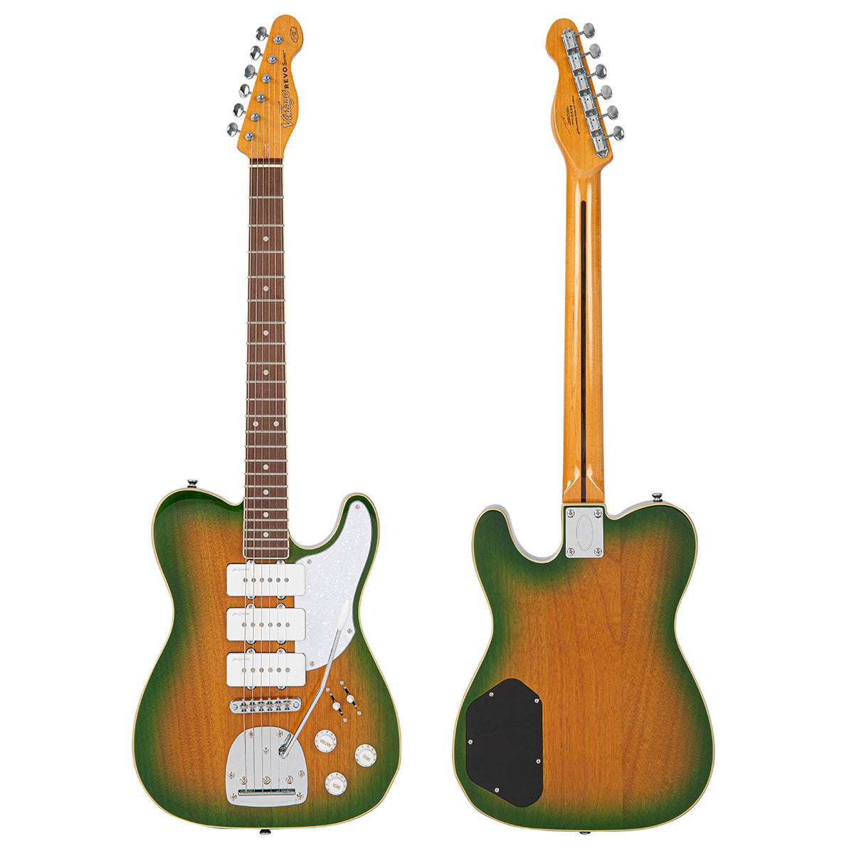 Vintage REVO Series Trio Electric Guitar ~ Green/Yellow Burst, Guitare électrique en vente chez Richards Guitars.