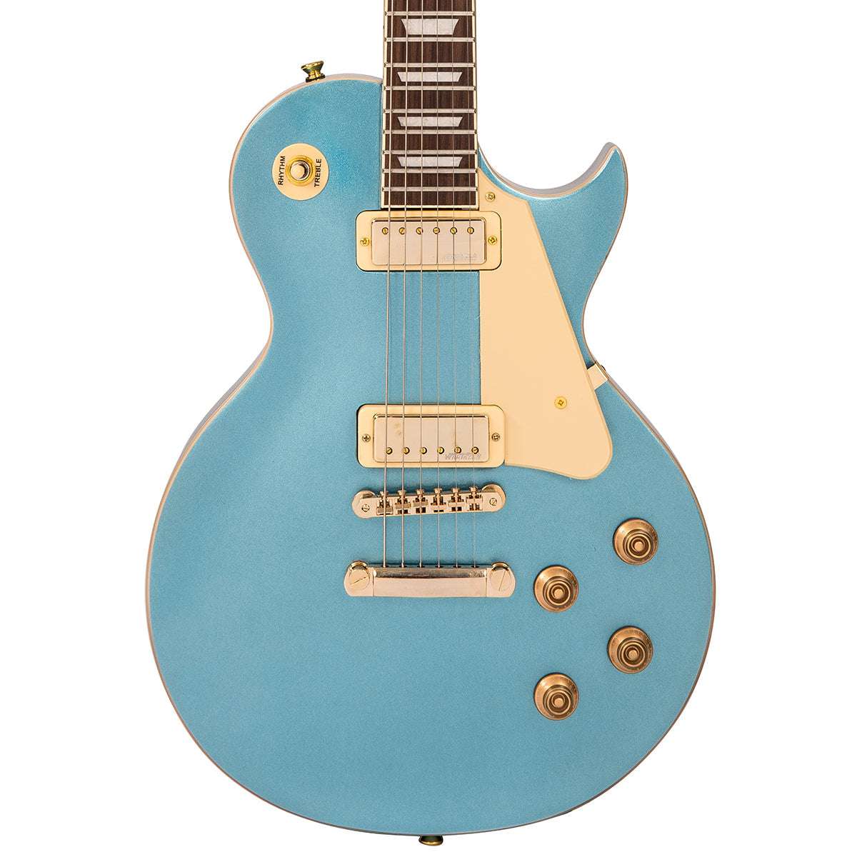 Vintage V100MGHB Mini Double Coil ReIssued Electric Guitar ~ Gun Hill Blue, Guitare électrique en vente chez Richards Guitars.