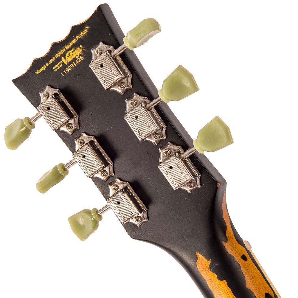 Vintage V100MRBK ICON Electric Guitar ~ Distressed Black Over Sunburst, Guitare électrique en vente chez Richards Guitars.
