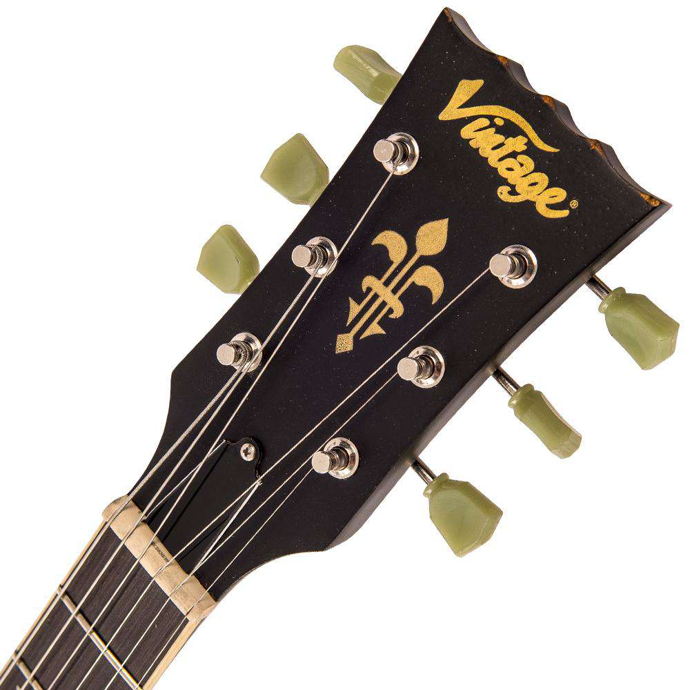 Vintage V100MRBK ICON Electric Guitar ~ Distressed Black Over Sunburst, Guitare électrique en vente chez Richards Guitars.