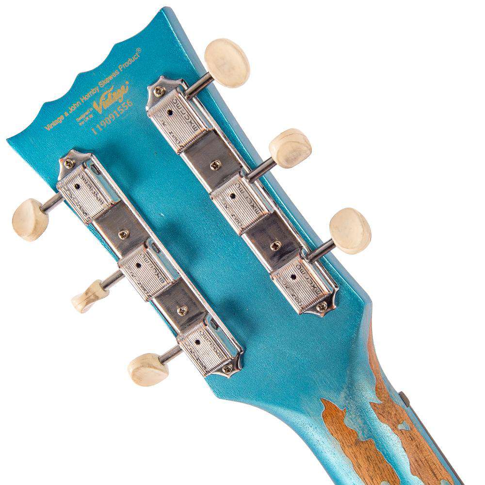 Vintage V120MRGHB ICON Electric Guitar ~ Distressed Gun Hill Blue Over Sunburst, Guitare électrique en vente chez Richards Guitars.