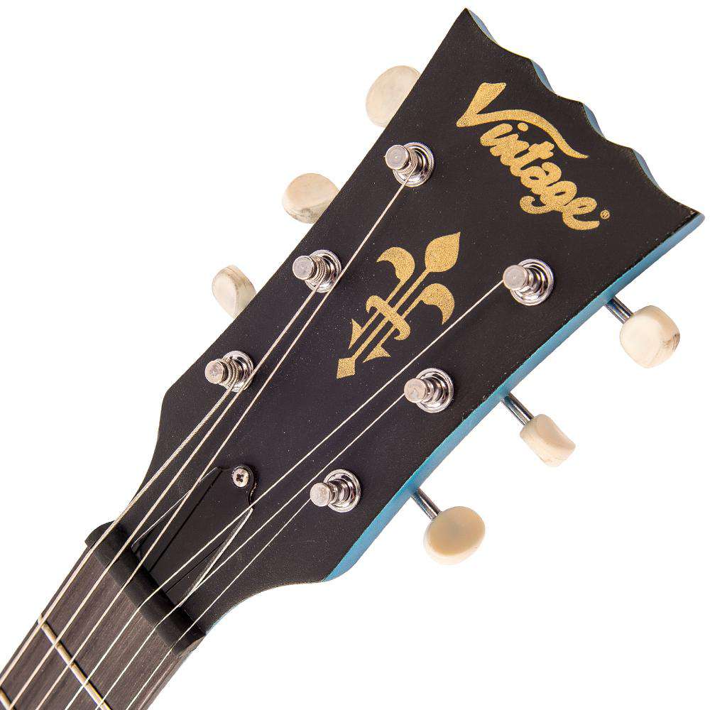 Vintage V120MRGHB ICON Electric Guitar ~ Distressed Gun Hill Blue Over Sunburst, Guitare électrique en vente chez Richards Guitars.