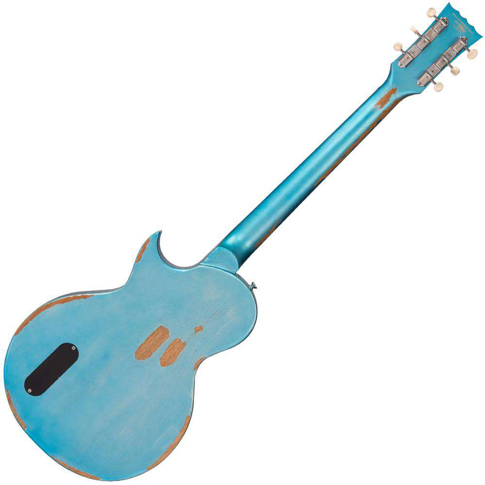 Vintage V120MRGHB ICON Electric Guitar ~ Distressed Gun Hill Blue Over Sunburst, Guitare électrique en vente chez Richards Guitars.