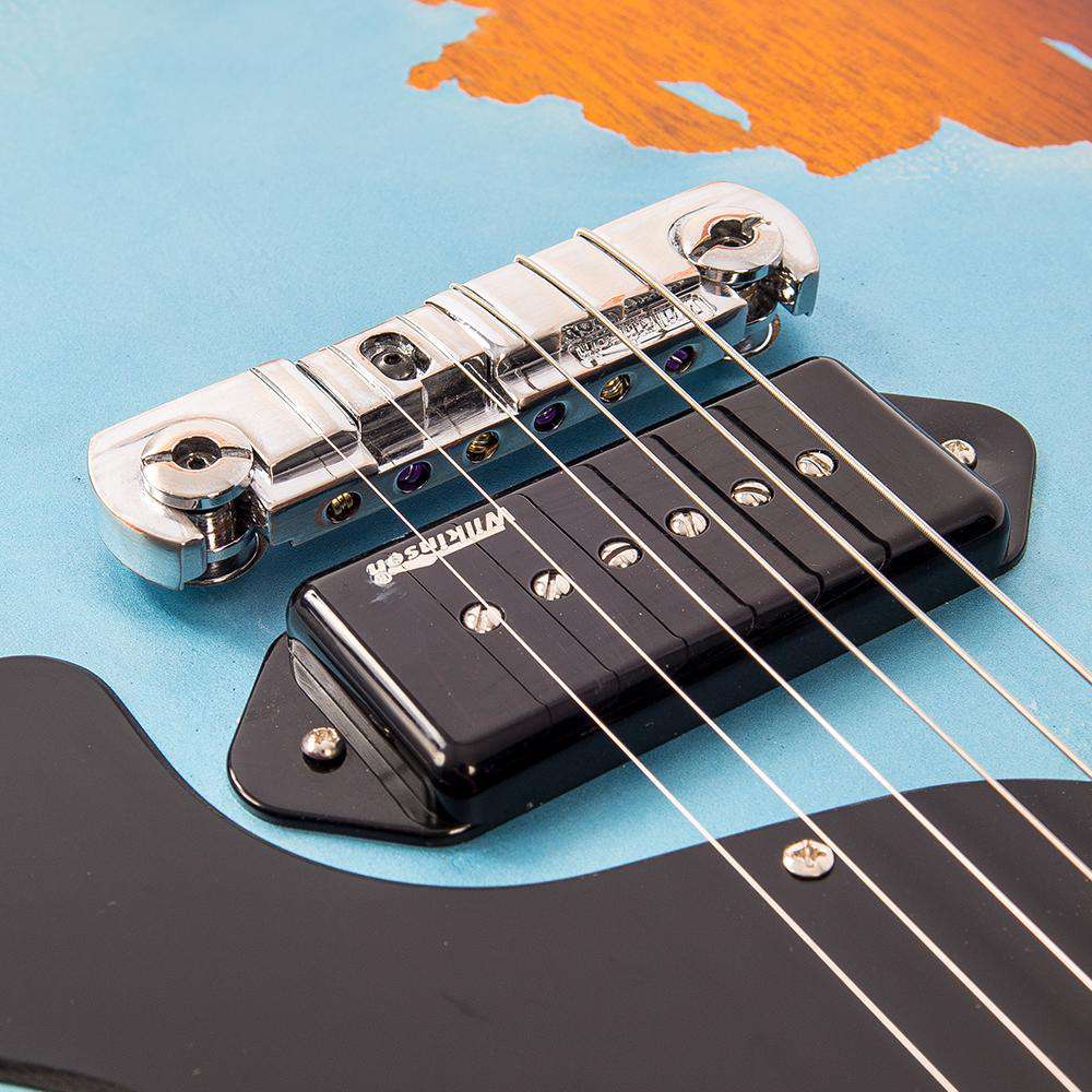 Vintage V120MRGHB ICON Electric Guitar ~ Distressed Gun Hill Blue Over Sunburst, Guitare électrique en vente chez Richards Guitars.