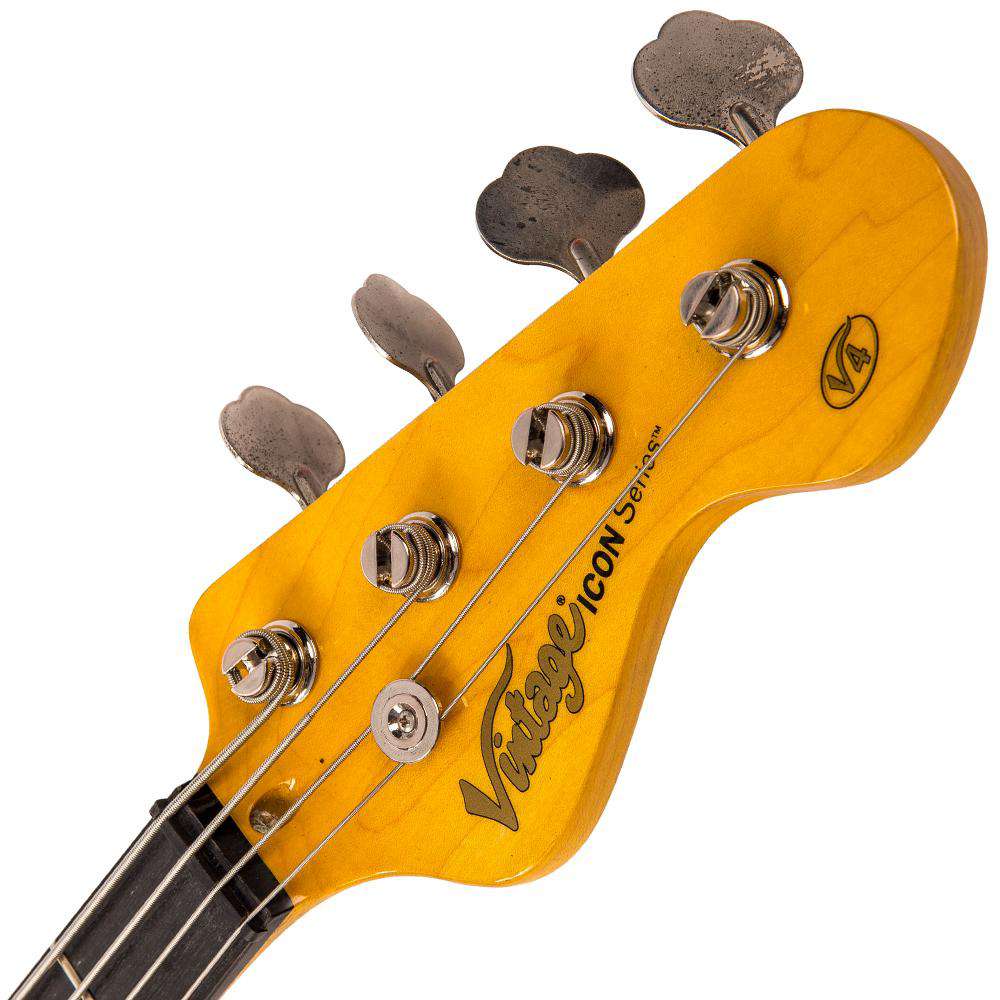 Vintage V4 ICON Bass ~ Distressed Firenza Red, Guitare Basse à vendre chez Richards Guitars.