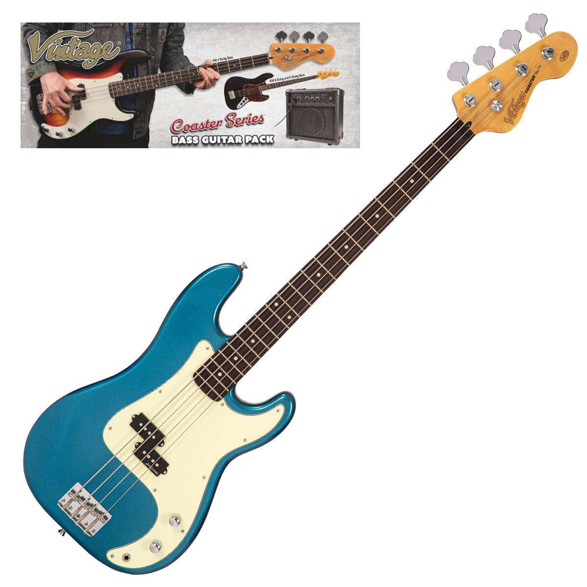 Vintage V40 Coaster Series Bass Guitar Pack ~ Candy Apple Blue, for sale at Richards Guitars.
