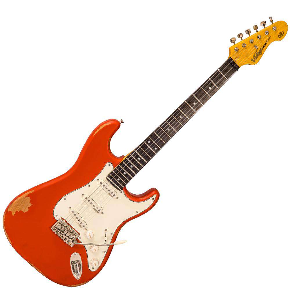Vintage V6 ICON Electric Guitar ~ Distressed Firenza Red, à vendre chez Richards Guitars.
